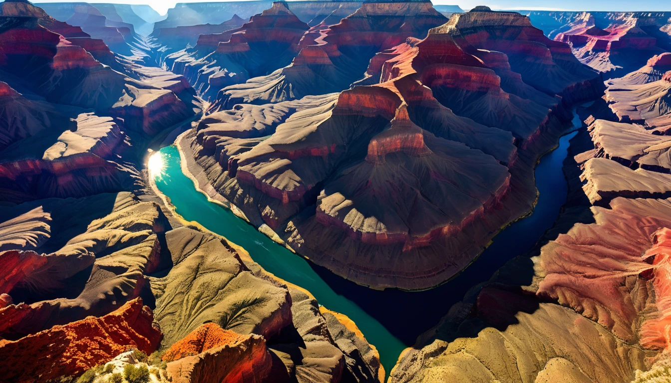 (aerial view,grand canyon,natural wonder,landscape),(vivid colors,highres,photographic,masterpiece:1.2),(dramatic lighting,sunlight casting deep shadowajestic,awe-inspiring,breathtaking:1.1),(rock formations,steep cliffs,red-orange hueeandering river,colorful layers),(immense scale,unforgettable experience),(eagles,small figures in vastness)