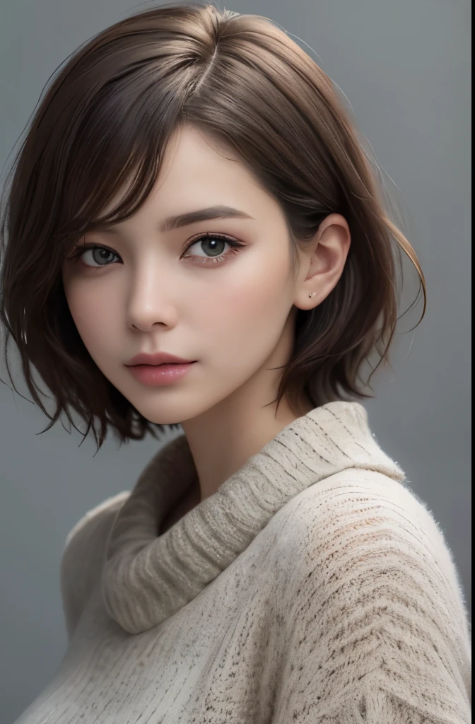 (Representative works:1.4)、(8k、realistic、RAW photo、best image quality:1.4)、(30 year old mature woman)、beautiful face、(realistic face)、(dark brown hair、short hair:1.3)、beautiful hairstyle、realistic eyes、detailed and beautiful eyes、(realistic skin)、beautiful skin、(sweater)、not adjusted、charm、超High resolution、surreal、High resolution、golden ratio、gray background