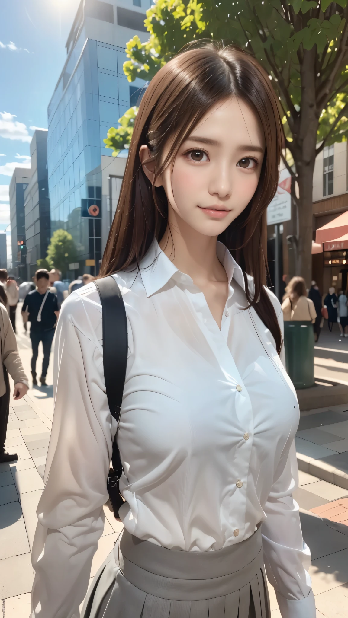 (8k, RAW photo, best quality, masterpiece:1.2), (realistic, photo-realistic:1.4), (extremely detailed 8k wallpaper), sharp focus, depth of field, bocinematic lighting, soft light,detailed beauty eyes,shiny smooth light brown long bob hair, asymmetrical bangs, shiny skin, super detailed skin,high resolution, high detailing, detailed hairstyle, detailed beauty face, hyper realistic, perfect limbs, perfect anatomy ,1 japanese girl,famous Japanese idol, perfect female body, large breasts,smile,short eyelashes,double-edged eyelid,long bob hair, (school uniform : 1.3), looking at viewer, (Crowded city streets:1.3),cowboy shot
