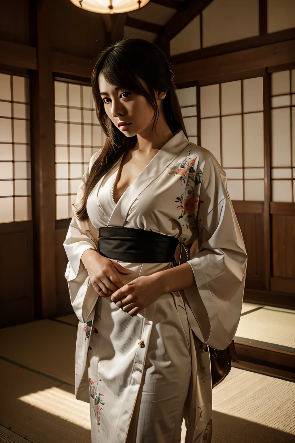 beautiful, masterpiece, best quality, extremely detailed face, perfect lighting, 1 girl, alone, ryuko matoi, japanese clothes, kimono, short kimono, cowboy shooting