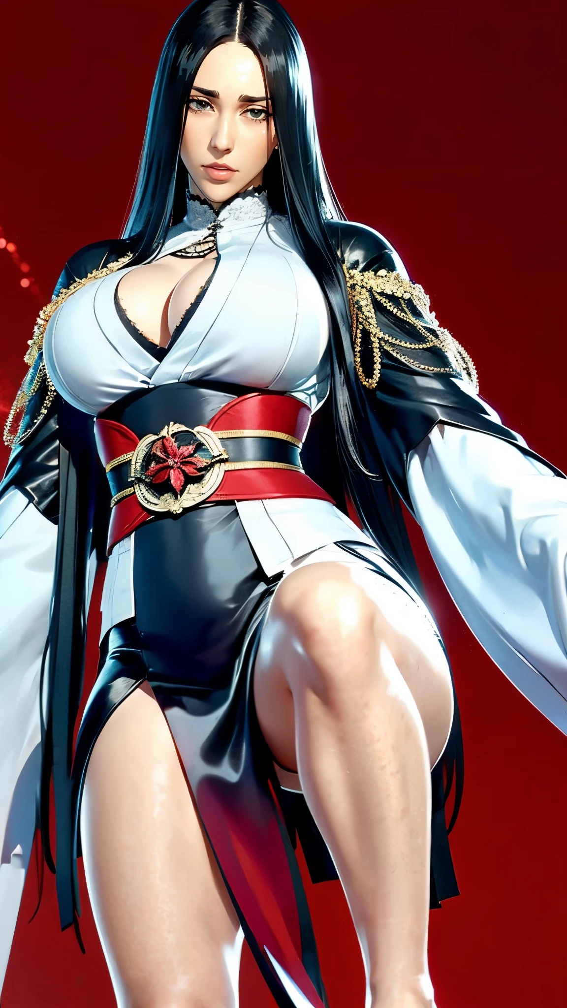 (((完美figure,figure,(((bleach,black Japanese clothing,feather woven, (((Scars on the chest))), red eyes,unohana))),S型figure:1.7))),((masterpiece)),high resolution, ((Best quality at best)),masterpiece,quality,Best quality,((( Exquisite facial features,looking at the audience,There is light in the eyes,Happy,nterlacing of light and shadow,))),(((looking into camera,FFA,from below,leg up,feet,looking at viewer,red background,Blood)))