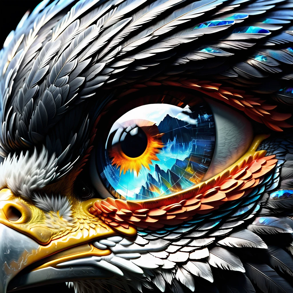 Focus on the reflection of the mountain landscape in the eye of a flying eagle. Hyperrealistic reflection. Hyperdetalization. 32k. Digital concept art., Broken Glass effect, no background, stunning, something that even doesn't exist, mythical being, energy, molecular, textures, iridescent and luminescent scales, breathtaking beauty, pure perfection, divine presence, unforgettable, impressive, breathtaking beauty, Volumetric light, auras, rays, vivid colors reflects, crafted in an 8k photorealistic style, wrapped in soft, naturally volumetric cinematic lighting., ultra-clear digital render., visuals at a stunning 8K, blending photorealistic concept art with the refined illumination of soft, cinematic composition, masterpiece-level oil painting, ultra-detailed, high contrast shadows emphasizing the grave markers, evoking the film's classic cinematography. High Resolution, High Quality, Masterpiece.best quality, masterpiece, super detail