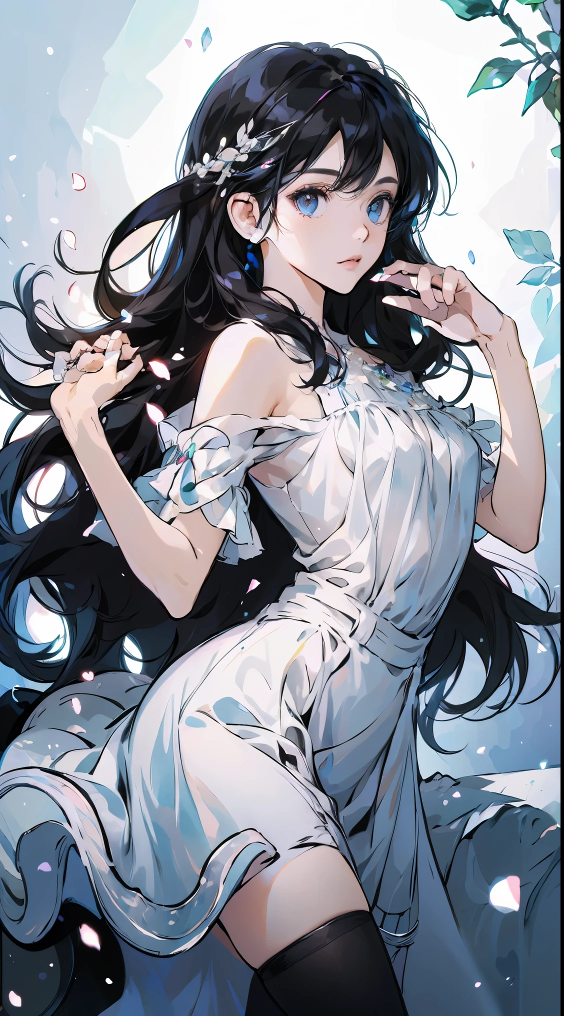 (a woman),(black hair), (rich and colorful hair),medium chest,(black hair), rich and colorful, (crystal),shining, soft light, radiant hair, Stunning iridescent hair and stunning eyes,a delicate face,delicate eyes,The style of watercolor painting is、Inject a dreamy quality into your artwork, Dance with a mix of colors, Long-haired girls’ hair has a rainbow spectrum, Each shade flows seamlessly into the next,Detailed face, delicate eyes, simple white dress, crystal花, around flowers, Cup of flowers,Female Kirito,black stockings