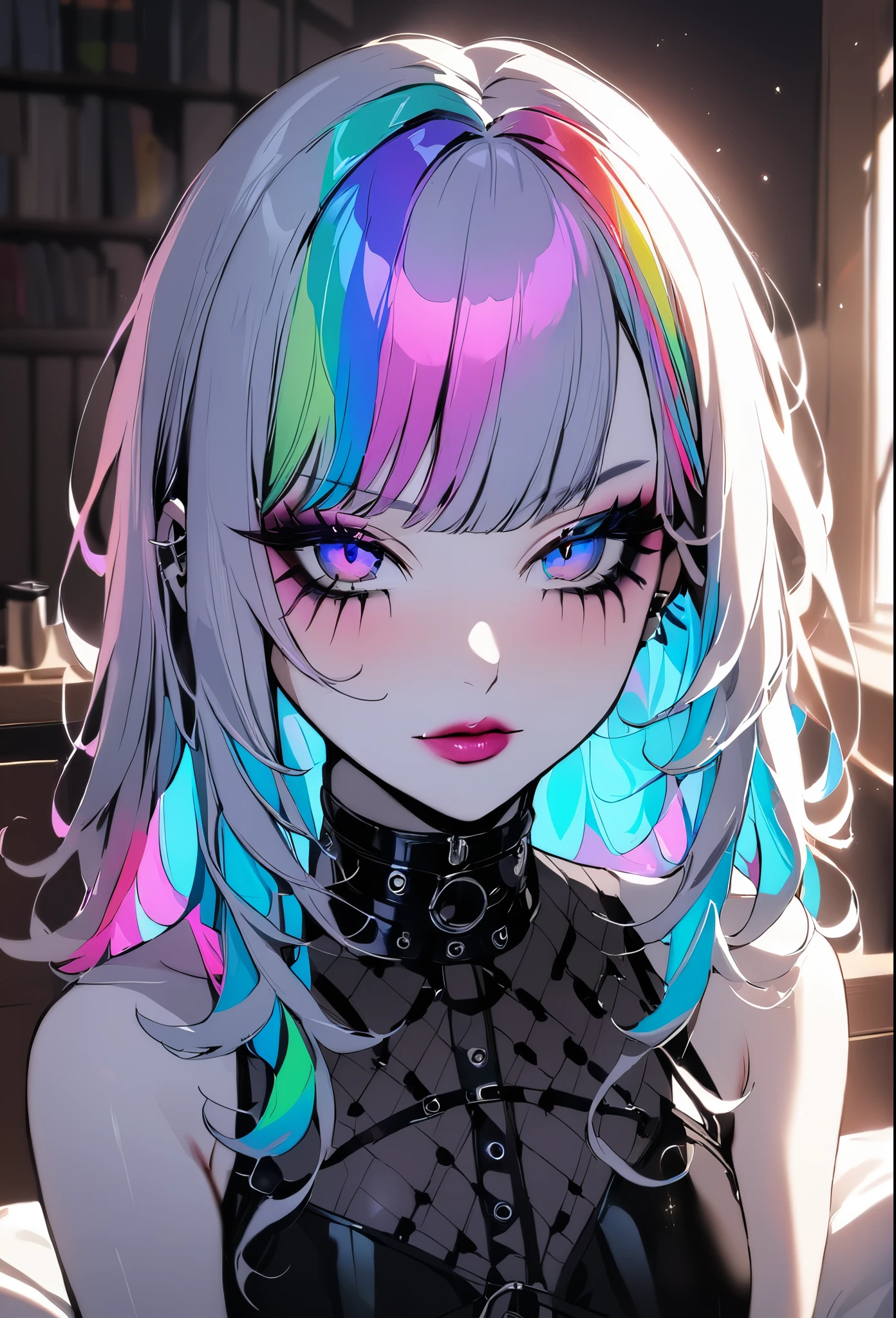 1girl, Holo-Punk Style, goth, masterpiece, best quality, indoors, mascara, lips, eyeliner, pale skin, rainbow hair