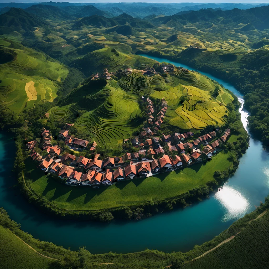 Aerial View, aesthetic, extremely detailed, (best quality,4k,8k,highres,masterpiece:1.2),ultra-detailed,realistic,professional,aerial view,landscape,panoramic view,farmland,rolling hills,majestic mountains,sunlit clouds,vivid colors,soft sunlight,crystal clear river,winding roads,splendid nature,peaceful atmosphere,serene beauty,harmonious composition,strong perspective,distant horizon,impressive depth of field,immersive experience