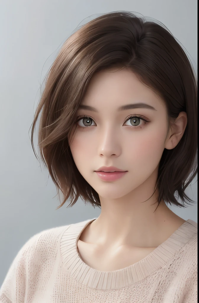 (Representative works:1.4)、(8k、realistic、RAW photo、best image quality:1.4)、(30 year old mature woman)、beautiful face、(realistic face)、(dark brown hair、short hair:1.3)、beautiful hairstyle、realistic eyes、detailed and beautiful eyes、(realistic skin)、beautiful skin、(sweater)、not adjusted、charm、超High resolution、surreal、High resolution、golden ratio、gray background