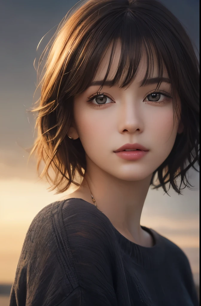 (Representative works:1.4)、(8k、realistic、RAW photo、best image quality:1.4)、(30 year old mature woman)、beautiful face、(realistic face)、(dark brown hair、short hair:1.3)、beautiful hairstyle、realistic eyes、detailed and beautiful eyes、(realistic skin)、beautiful skin、(sweater)、not adjusted、charm、超High resolution、surreal、High resolution、golden ratio、gray background