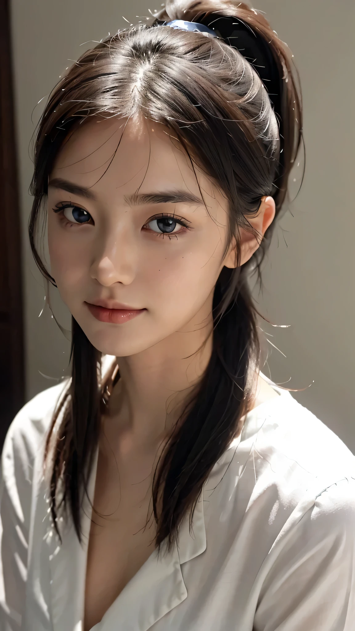 One woman,fully body photo,masutepiece, The highest image quality, High quality, the background is clear,Beautiful woman, Japanese, Detailed, Detailed eyes, Detailed skin, Beautiful skin, 超hight resolution, (reality: 1.4),Very beautiful woman, Slightly younger face, Beautiful skin, slender, (Ultra photo realsisim), (hight resolution), (8K), (Very detailed) (beautifully detailed eyes), (super detailed), (Detailed face), view the viewer, Fine details, Detailed face, Staring straight ahead, Staring straight ahead, photos realistic, Bright lighting, Professional Lighting, Black hair,poneyTail,a baby face,sixteen years old,Hairstyle is ponytail,long ponytail hairstyle,slight smile,wearing business suit,the street Office Buildings,study at my desk.