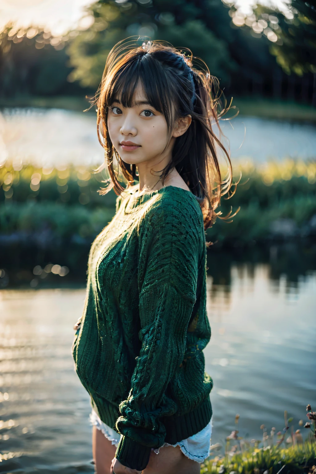 Photorealistic, CinemaScope, FilmSteel, a japanese girl, urban wears, messy hair, forest and pond, sunset time, Realism, bumps on the skin