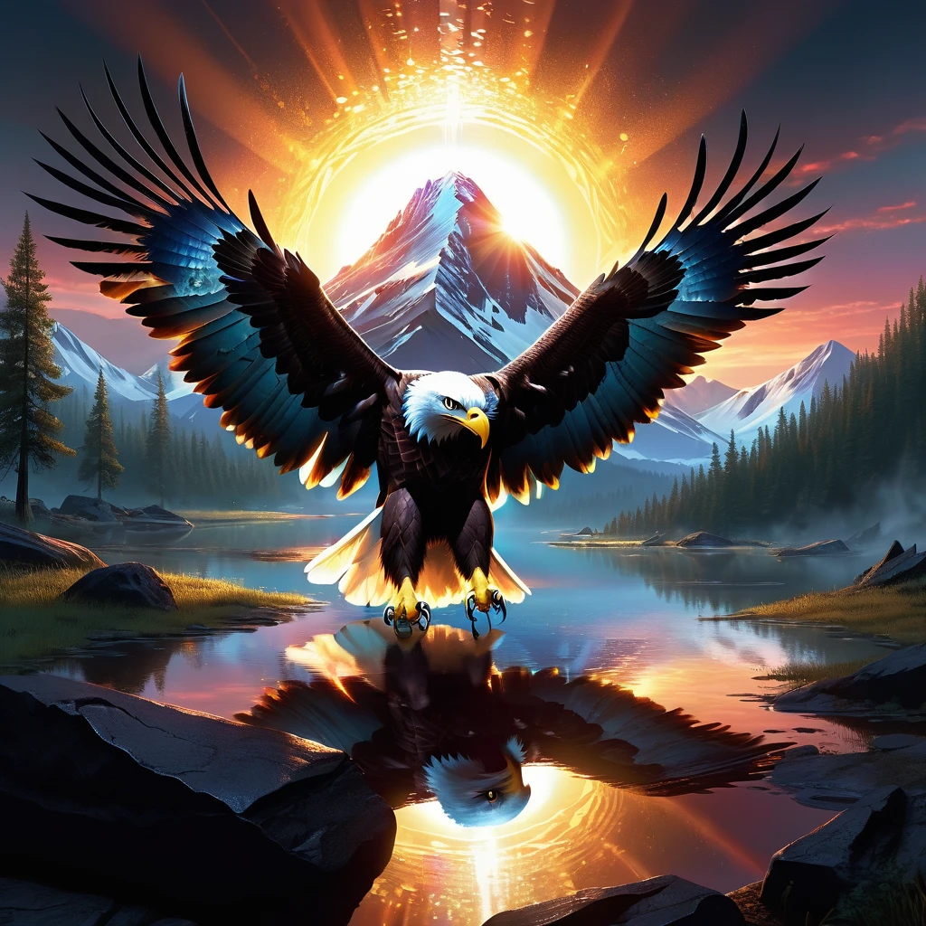 Focus on the reflection of the mountain landscape in the eye of a flying eagle. Hyperrealistic reflection. Hyperdetalization. 32k. Digital concept art., Broken Glass effect, no background, stunning, something that even doesn't exist, mythical being, energy, molecular, textures, iridescent and luminescent scales, breathtaking beauty, pure perfection, divine presence, unforgettable, impressive, breathtaking beauty, Volumetric light, auras, rays, vivid colors reflects, crafted in an 8k photorealistic style, wrapped in soft, naturally volumetric cinematic lighting., ultra-clear digital render., visuals at a stunning 8K, blending photorealistic concept art with the refined illumination of soft, cinematic composition, masterpiece-level oil painting, ultra-detailed, high contrast shadows emphasizing the grave markers, evoking the film's classic cinematography. High Resolution, High Quality, Masterpiece.best quality, masterpiece, super detail