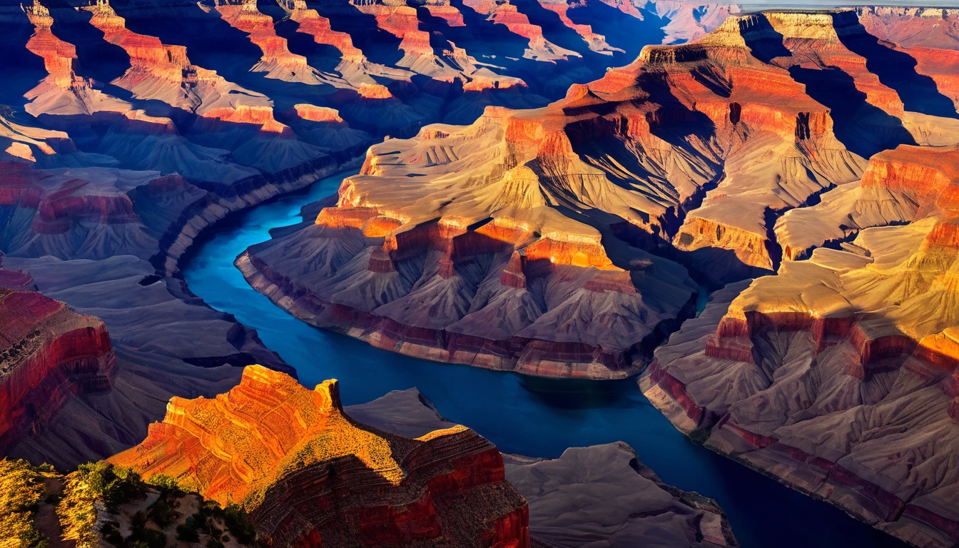 (aerial view,grand canyon,natural wonder,landscape),(vivid colors,highres,photographic,masterpiece:1.2),(dramatic lighting,sunlight casting deep shadowajestic,awe-inspiring,breathtaking:1.1),(rock formations,steep cliffs,red-orange hueeandering river,colorful layers),(immense scale,unforgettable experience),(eagles,small figures in vastness)