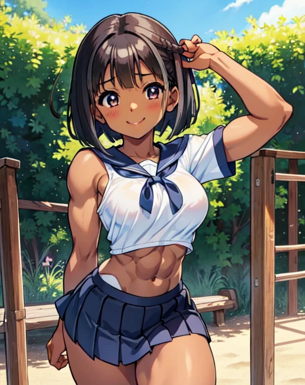 、美girl、beautiful woman、cute、brown skin、low length、Ｅcup、muscular、biceps、abs、Hamstring、Short-sleeved shirt、bluish black skirt、short skirt、silver hair、long bob、length to shoulder、school playground、blue sky、beautiful sun、are having fun、face is young、girl、beautiful breasts、smile、Innocent、Because it&#39;s small、delicate、スレンダーbig breasts、muscular、abs、brown skin、dark skin、sunburn、big breasts、thighs with muscleuscularな太もも、muscularなふくらはぎ、are having fun、young girl