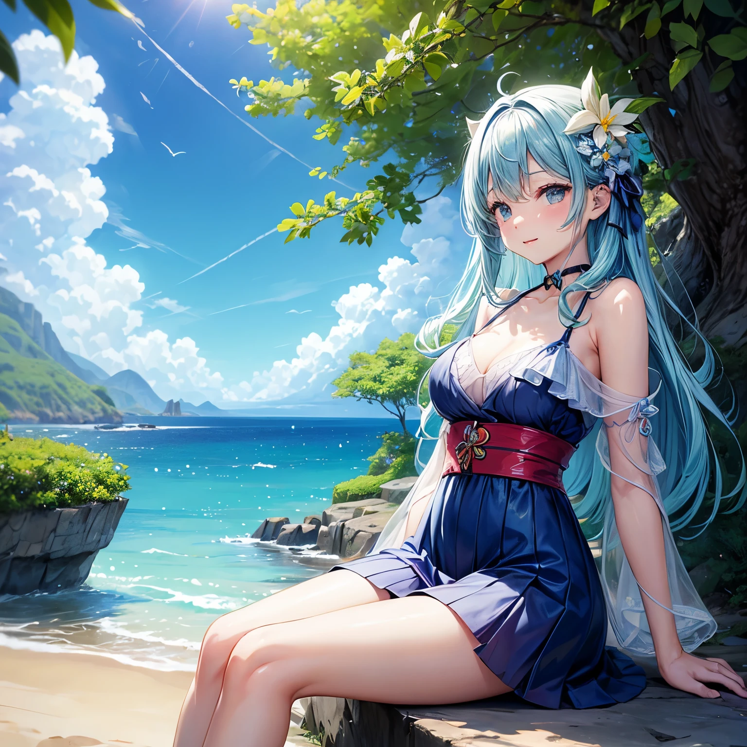 landscape, summer, blue sky, Okinawa, private Ocean滩, Ocean湾, Ocean, unmanned, Ocean滩, nobody, Hot weather, sun, HD details, Ultra-detailed, , Surrealism, soft light, deep focus bokeh, Ray tracing, Gwise on the art site pixiv, 新Ocean誠, Art sprouts