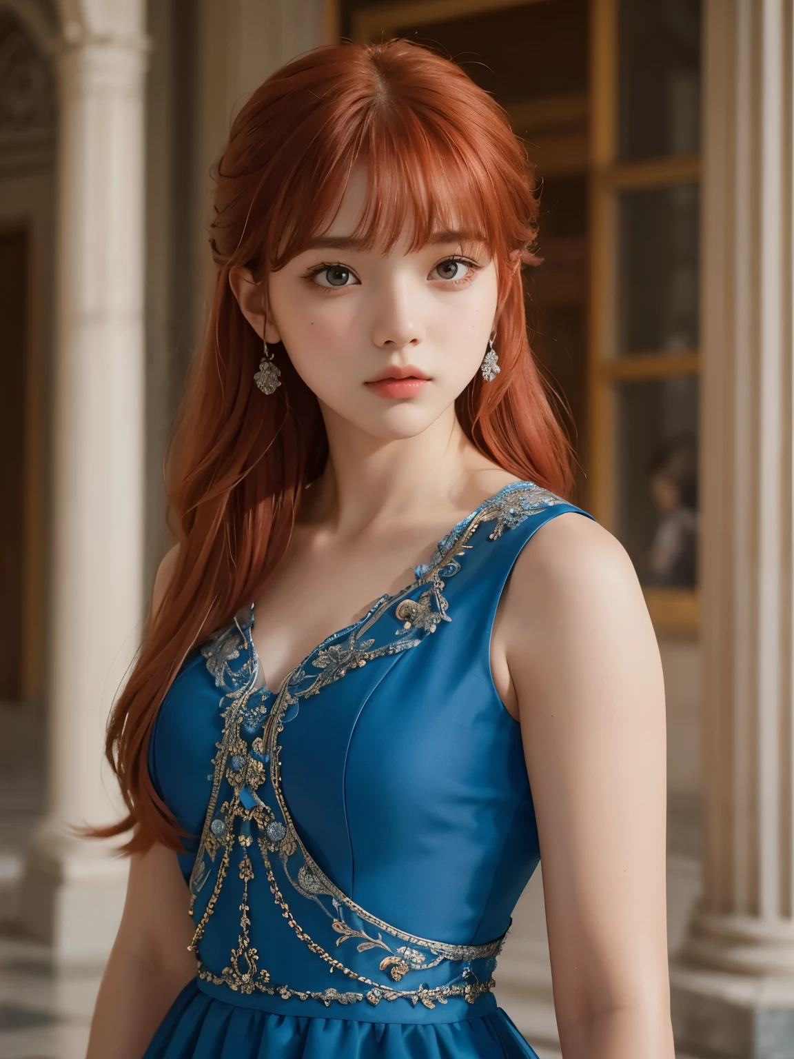 Upper body close-up image. A beautiful woman. . red hair. She has her bangs down. She is looking at the camera with a defiant expression. she is wearing a blue dress. She is standing inside the palace. A masterpiece.