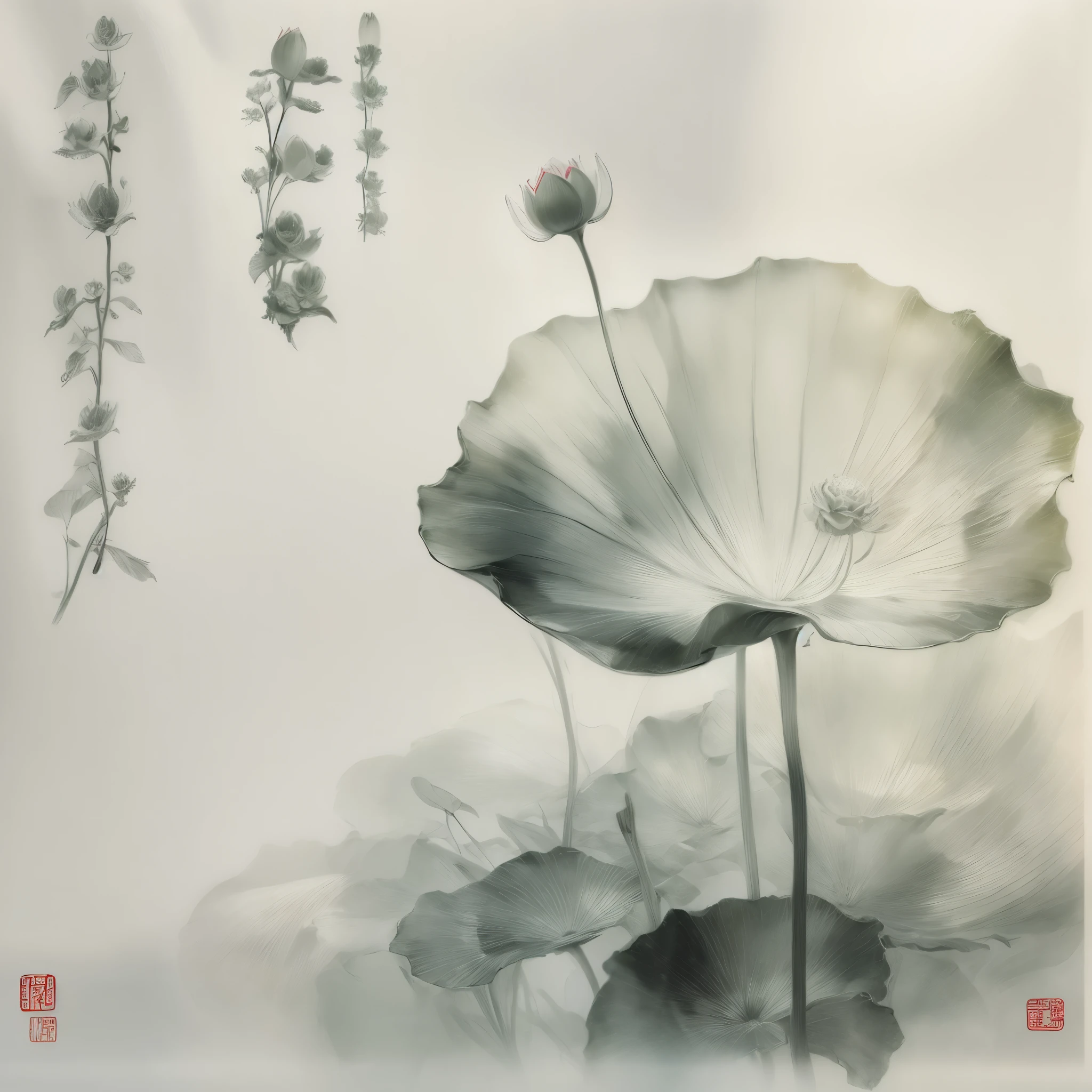 Chinese traditional ink painting,lotus,lotus leaf,glass texture、Translucent,Spectral light, 渐变半Transparent glass熔体, Caustics, Transparent glass