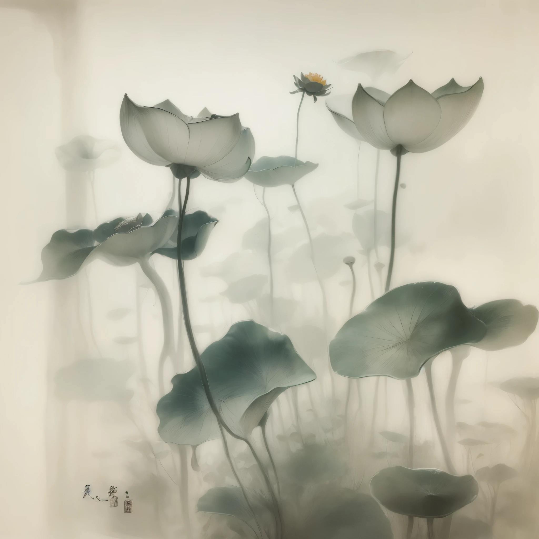 Chinese traditional ink painting，black lotus，lotus leaf，glass texture、Translucent，Spectral light， 渐变半Transparent glass熔体, Caustics, Transparent glass