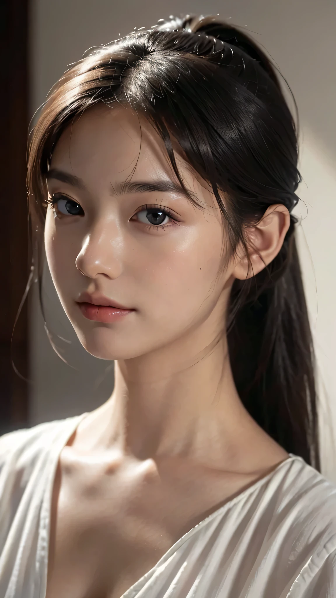 One woman,fully body photo,masutepiece, The highest image quality, High quality, the background is clear,Beautiful woman, Japanese, Detailed, Detailed eyes, Detailed skin, Beautiful skin, 超hight resolution, (reality: 1.4),Very beautiful woman, Slightly younger face, Beautiful skin, slender, (Ultra photo realsisim), (hight resolution), (8K), (Very detailed) (beautifully detailed eyes), (super detailed), (Detailed face), view the viewer, Fine details, Detailed face, Staring straight ahead, Staring straight ahead, photos realistic, Bright lighting, Professional Lighting, Black hair,poneyTail,a baby face,sixteen years old,Hairstyle is ponytail,long ponytail hairstyle,slight smile,wearing business suit,