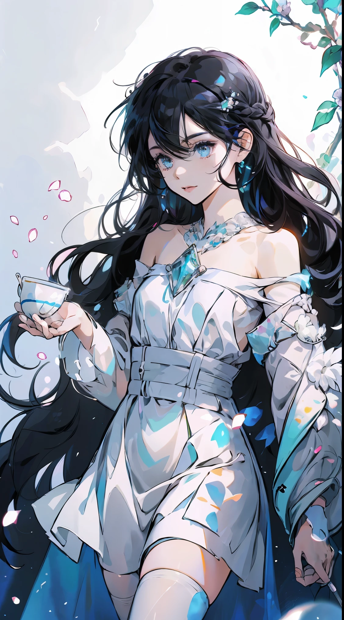 (a woman),(black hair), (rich and colorful hair),medium chest,(black hair), rich and colorful, (crystal),shining, soft light, radiant hair, Stunning iridescent hair and stunning eyes,a delicate face,delicate eyes,The style of watercolor painting is、Inject a dreamy quality into your artwork, Dance with a mix of colors, Long-haired girls’ hair has a rainbow spectrum, Each shade flows seamlessly into the next,Detailed face, delicate eyes, simple white dress, crystal花, around flowers, Cup of flowers,Female Kirito,black stockings