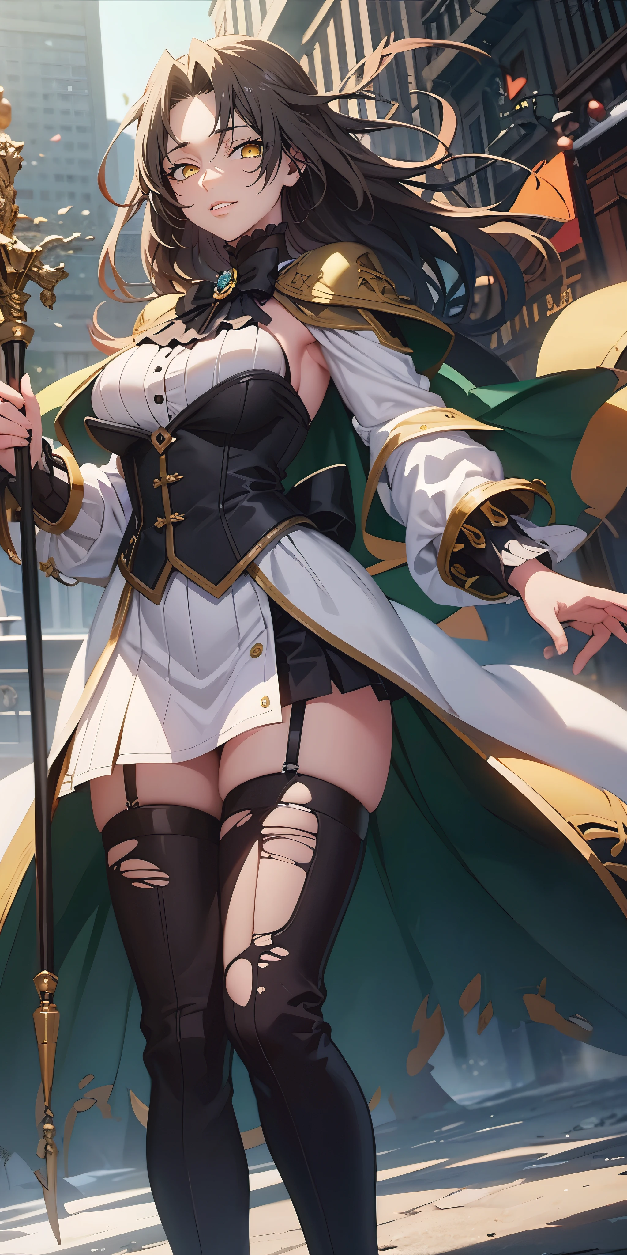 long hair, black hair, forehead, yellow eyes, curvy, huge breasts, anatomically correct, torn dress, white dress, holding staff,1girl, thighhighs, thigh_boots, solo, long_hair, dress, boots, standing, breasts, cape, looking_at_viewer, outdoors, holding, weapon, long_sleeves, (shaded face:1.2), hollow eyes, yellow eyes, looking at viewer, lips, smirk, upper teeth, glowing eyes, "glow effects, godrays, Hand drawn, render, 8k, octane render, cinema 4d, blender, dark, atmospheric 4k ultra detailed, cinematic, Sharp focus, big depth of field, Masterpiece, colors, 3d octane render, 4k, concept art, trending on artstation, hyperrealistic, Vivid colors, extremely detailed CG unity 8k wallpaper, trending on CGSociety, Intricate, High Detail, dramatic"
