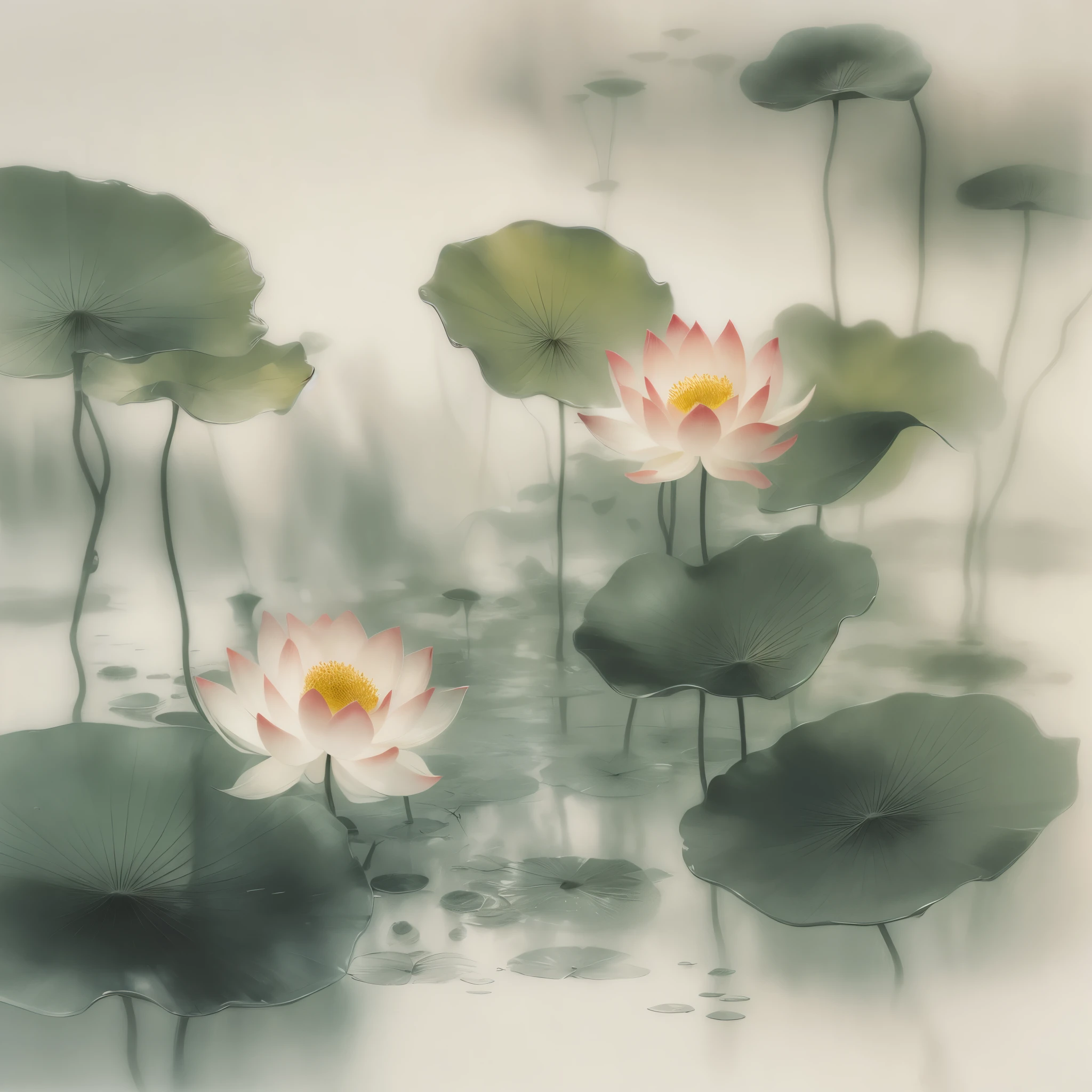 Chinese traditional ink painting，lotus，lotus leaf，glass texture、Translucent，Spectral light， 渐变半Transparent glass熔体, Caustics, Transparent glass
