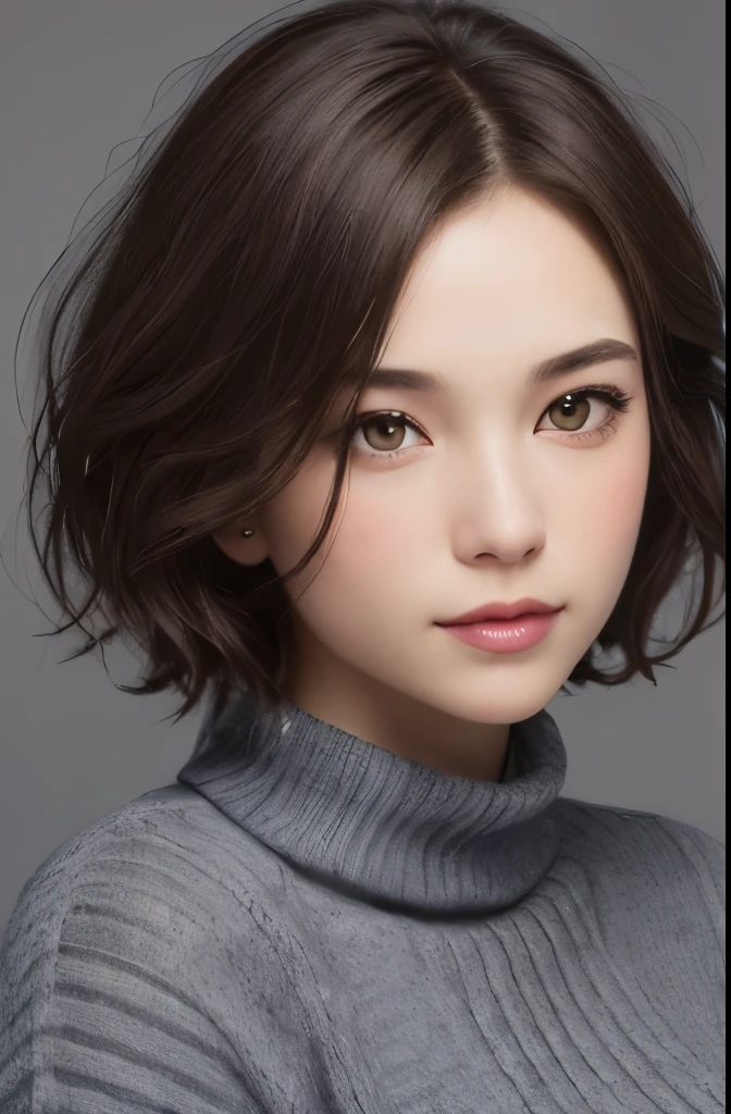 (Representative works:1.4)、(8k、realistic、RAW photo、best image quality:1.4)、(30 year old mature woman)、beautiful face、(realistic face)、(dark brown hair、short hair:1.3)、beautiful hairstyle、realistic eyes、detailed and beautiful eyes、(realistic skin)、beautiful skin、(sweater)、not adjusted、charm、超High resolution、surreal、High resolution、golden ratio、gray background