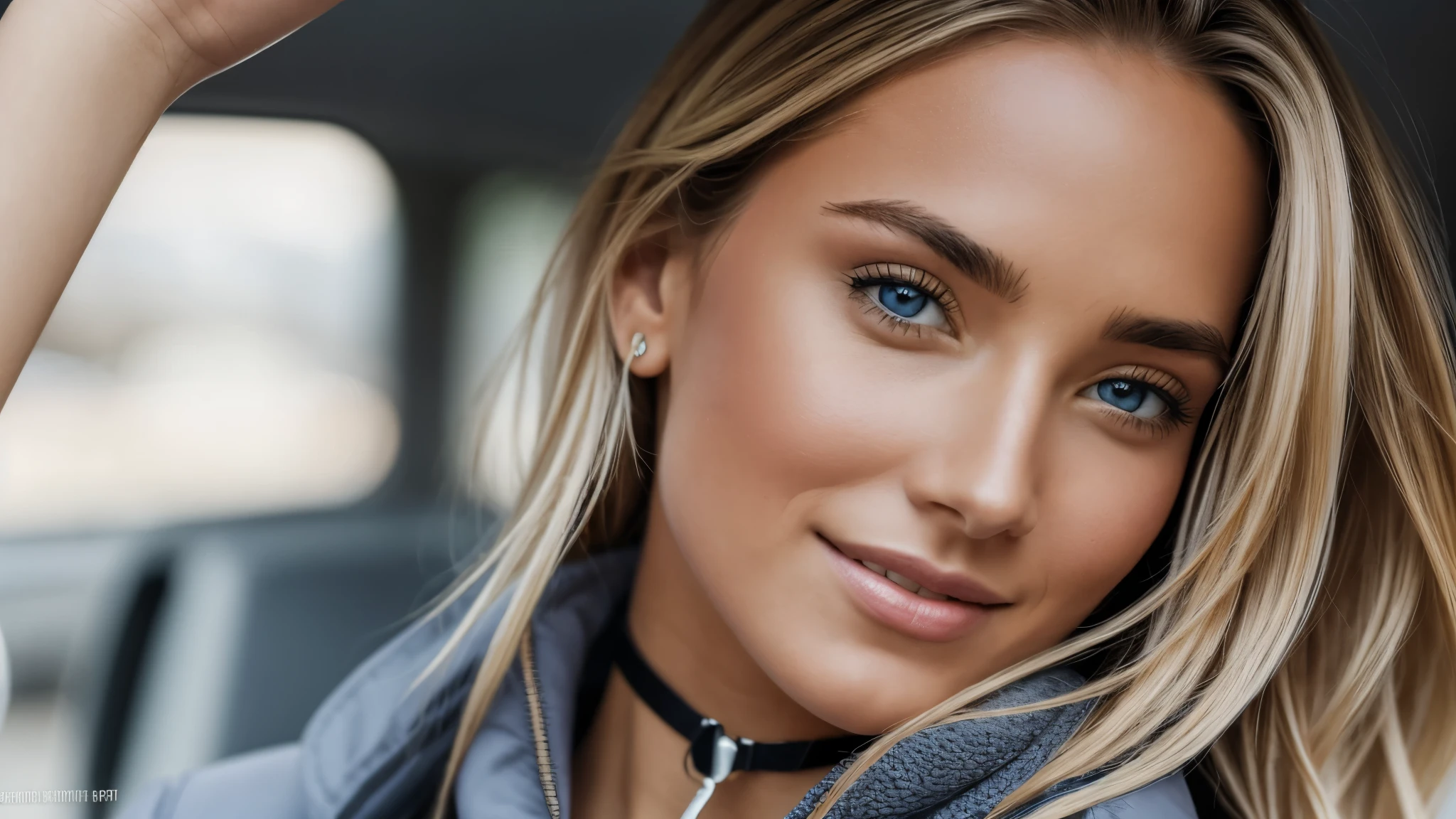 Hyper-realistic and detailed shot of a blonde woman, choker, .souriante de 25 ans portant un long manteau et une mini jupe. outside. Le soleil brille. Des yeux parfaitaquillage des yeux:1.1), (seins parfaits), (Highly detailed skin:1.1), ......RAW, style analogique, mise au point nette, 8K UHD, DSLR, High quality, Fujifilm XT3, grain, award winning, Masterpiece, Objectif 50mm, corps entier