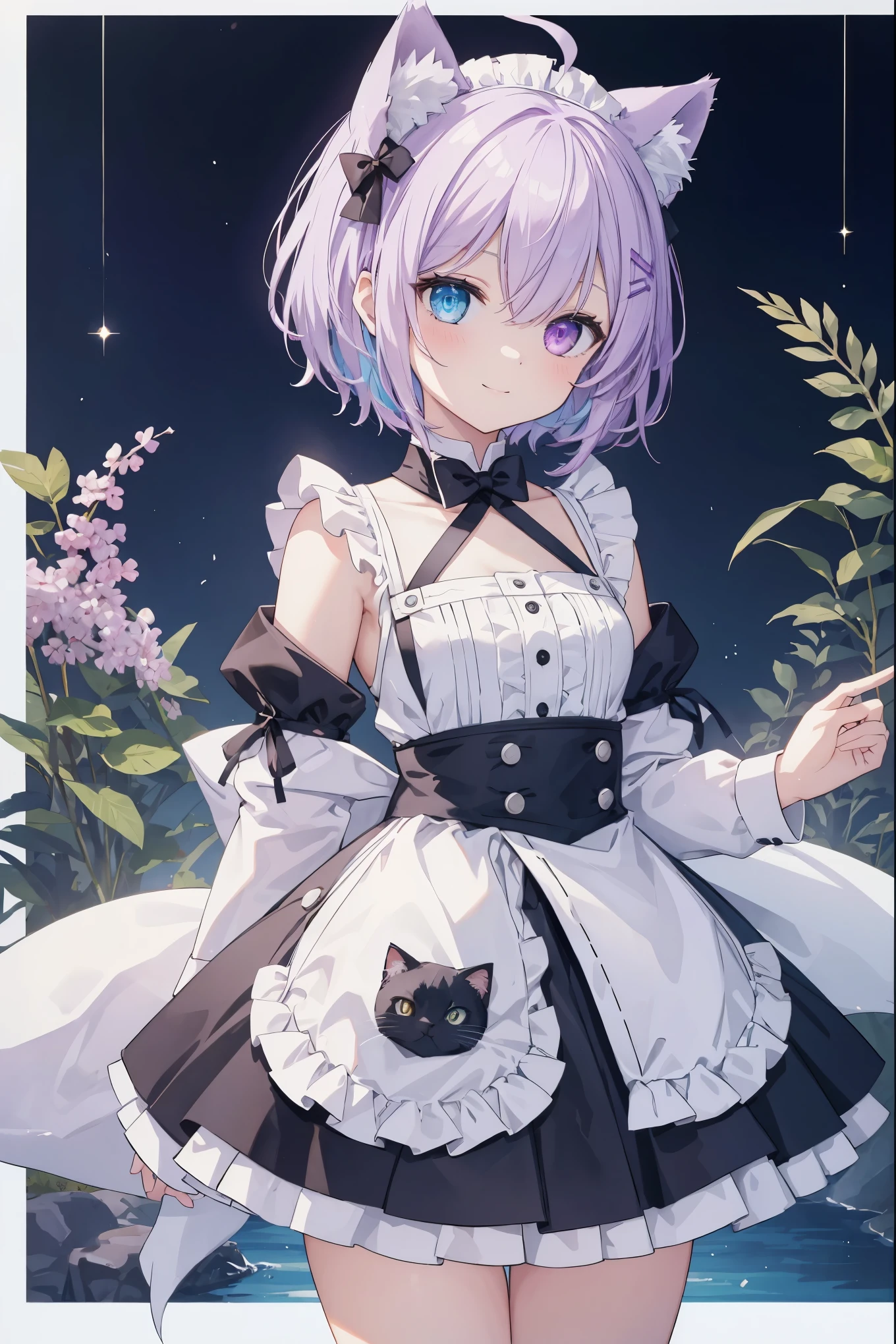 female face,smiling expression,Cat's ears on the head,There is a cat tail behind you,Short lilac hair,blue-red heterochromia,There are bright spots in the eyes,female hands,white little hands,normal finger