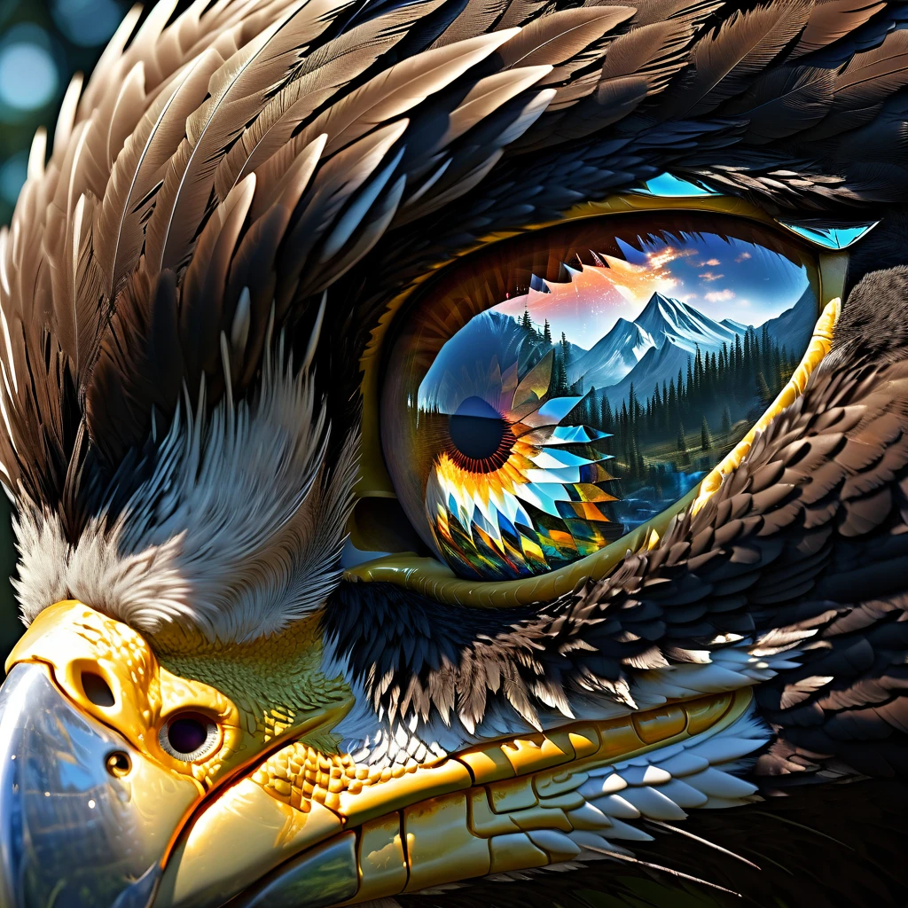 Focus on the reflection of the mountain landscape in the eye of a flying eagle. Hyperrealistic reflection. Hyperdetalization. 32k. Digital concept art., Broken Glass effect, no background, stunning, something that even doesn't exist, mythical being, energy, molecular, textures, iridescent and luminescent scales, breathtaking beauty, pure perfection, divine presence, unforgettable, impressive, breathtaking beauty, Volumetric light, auras, rays, vivid colors reflects, crafted in an 8k photorealistic style, wrapped in soft, naturally volumetric cinematic lighting., ultra-clear digital render., visuals at a stunning 8K, blending photorealistic concept art with the refined illumination of soft, cinematic composition, masterpiece-level oil painting, ultra-detailed, high contrast shadows emphasizing the grave markers, evoking the film's classic cinematography. High Resolution, High Quality, Masterpiece.best quality, masterpiece, super detail