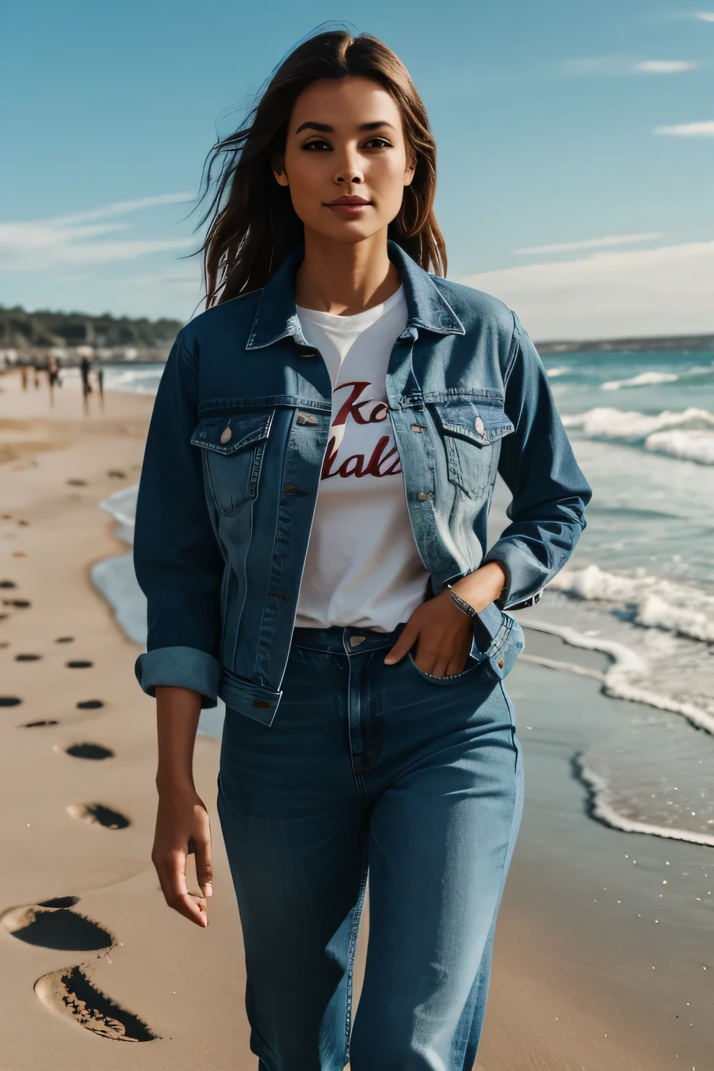 a woman walking along the beach in jeans and a denim jacket