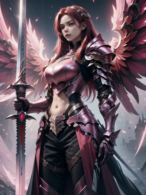 (masterpiece, best quality:1.2), Character design, ((1 girl, solo)), warrior of xian, slim body, medium chest, skinny waist, ((long deep red hair)). blue eyes. (((pink fantasy armor a female knight in a pink full armor))), (((big pauldrons, intricate details))), (((large armor wings))), (((advanced weapon fantasy plasma sword in right hand))), (standing), (((side body view))), plain gray background, masterpiece, HD high quality, 8K ultra high definition, ultra definition,