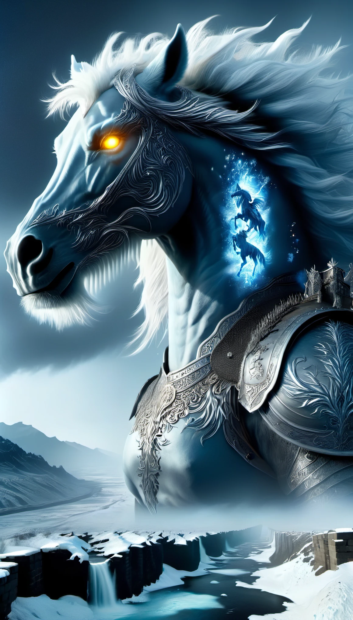 aerial photography,The appearance of the Night King is full of mystery、Cold and strong sense of power,The appearance of the Night King is very unique。His face is like a withered bone,Gives people a dead and cold feeling。His figure is like a long sword,Tall and straight,Revealing a kind of majesty and strength。His skin is whiter than milk,In stark contrast to his overall image。(all black horse:0.65) The Night King's eyes are deep blue,Burning coldly like black ice,It gives an unfathomable feeling。There was a kind of coldness and cruelty in his eyes,suddenly white as fresh snow,Suddenly dark as a long night,Like the ever-changing night sky。The body is dotted with the deep gray green of the foreseems to be telling his mystery and power。 The weapon in the Night King's hand emits a strange faint blue light,A light that seems to shine in the darkness。Popular TV series《game of Thrones》Great Wall of China,one(Cliffs made entirely of ice and snow stretch for dozens of miles.:0.85),digitally rendered,Standing tall,become a strong barrier,(The Great Wall separates the Night's Watch from the White Walkers.),(Lots and lots of Night's Watch and armies of White Walkers),background:The wind is cold、Blizzard-raging environment,Create a sense of foreboding and danger。