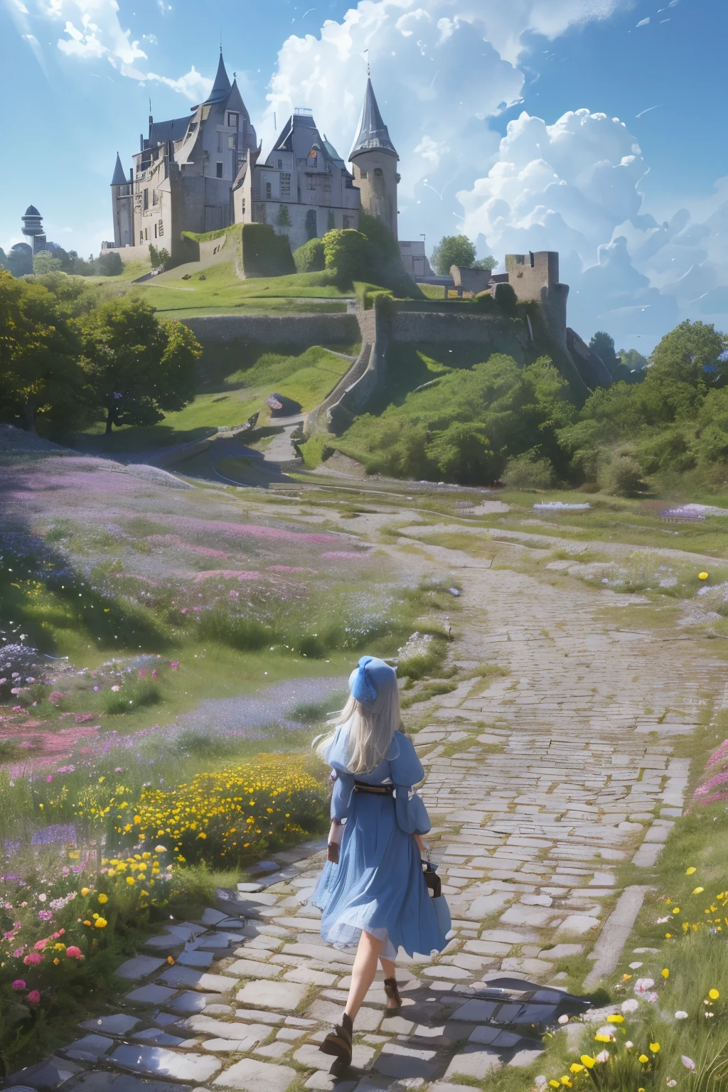 ((8k, RAW photos, top quality, masterpiece: 1.2), (landscape, ultra-detailed: 1.4), an anime girl, walking, (cobblestoned pathway: 1.2), between villages, (different colored flowers: 1.3), toward the castle (on the horizon: 1.1), (clear blue sky: 1.2), with (fluffy clouds: 1.2), birds flying overhead, (butterflies fluttering around: 1.1), ((realistic lighting: 1.3)), perfect sharpness, ((high quality: 1.0)), ultra high resolution: 1.