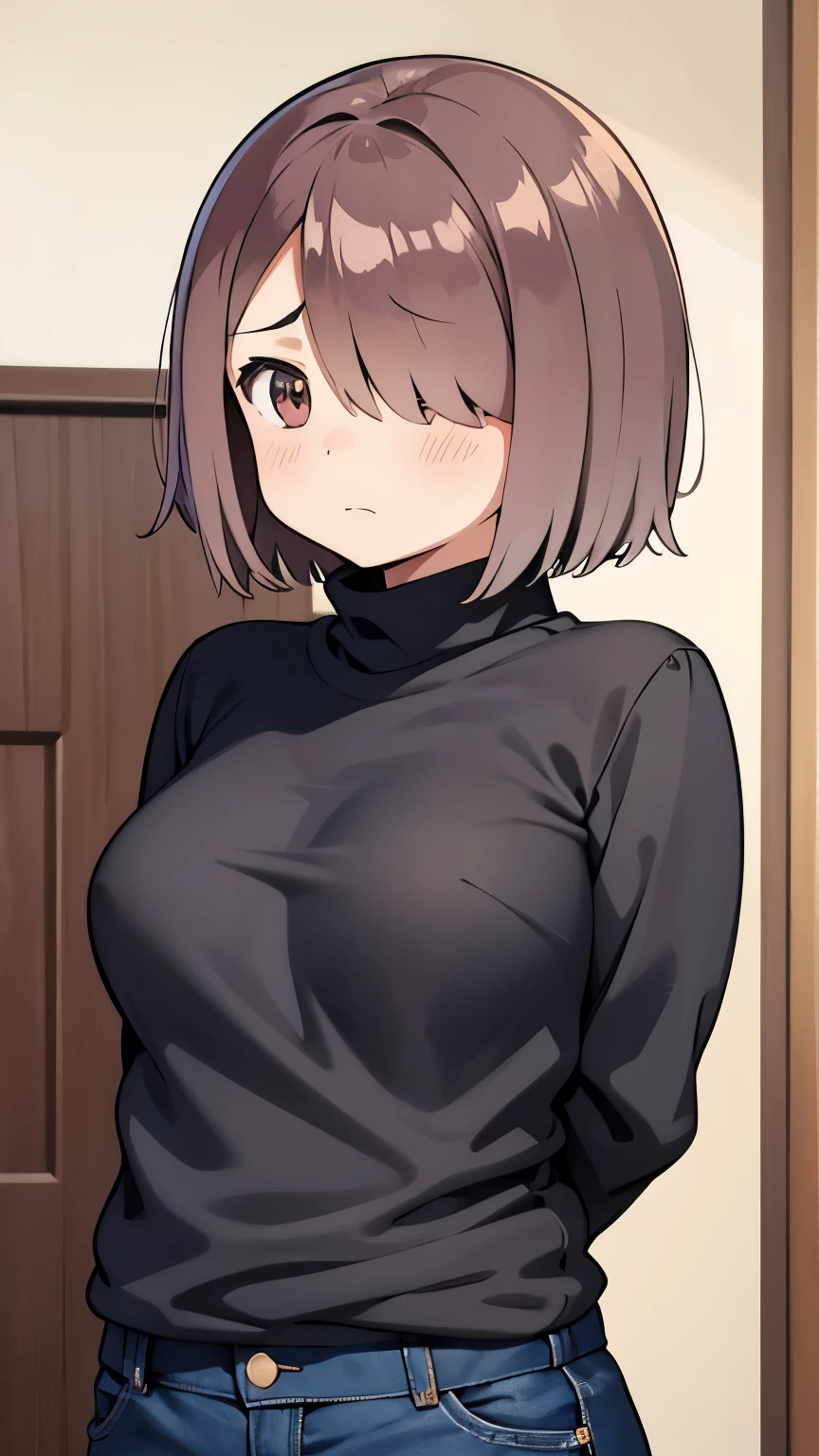 (Best Quality:1.2),(masutepiece:1.2), ((hair over one eye)), (Hoshino miyako:1.1), dark brown hair, short hair, arms behind back, looking away, hazel pupils, (black turtleneck), (breasts), (upper body), (fat arms, chubby arms, chubby:0.8), (solo, female, 1girl, neutral face, frown), jeans, ((fupa:0.8)), long sleeves, (American girl, American, cleft chin, young teenager, no-makeup, acne)