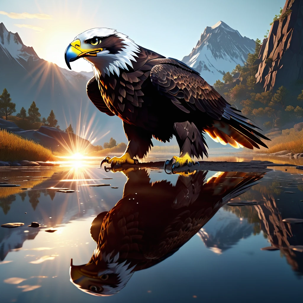 Focus on the reflection of the mountain landscape in the eye of a flying eagle. Hyperrealistic reflection. Hyperdetalization. 32k. Digital concept art., Broken Glass effect, no background, stunning, something that even doesn't exist, mythical being, energy, molecular, textures, iridescent and luminescent scales, breathtaking beauty, pure perfection, divine presence, unforgettable, impressive, breathtaking beauty, Volumetric light, auras, rays, vivid colors reflects, crafted in an 8k photorealistic style, wrapped in soft, naturally volumetric cinematic lighting., ultra-clear digital render., visuals at a stunning 8K, blending photorealistic concept art with the refined illumination of soft, cinematic composition, masterpiece-level oil painting, ultra-detailed, high contrast shadows emphasizing the grave markers, evoking the film's classic cinematography. High Resolution, High Quality, Masterpiece.best quality, masterpiece, super detail
