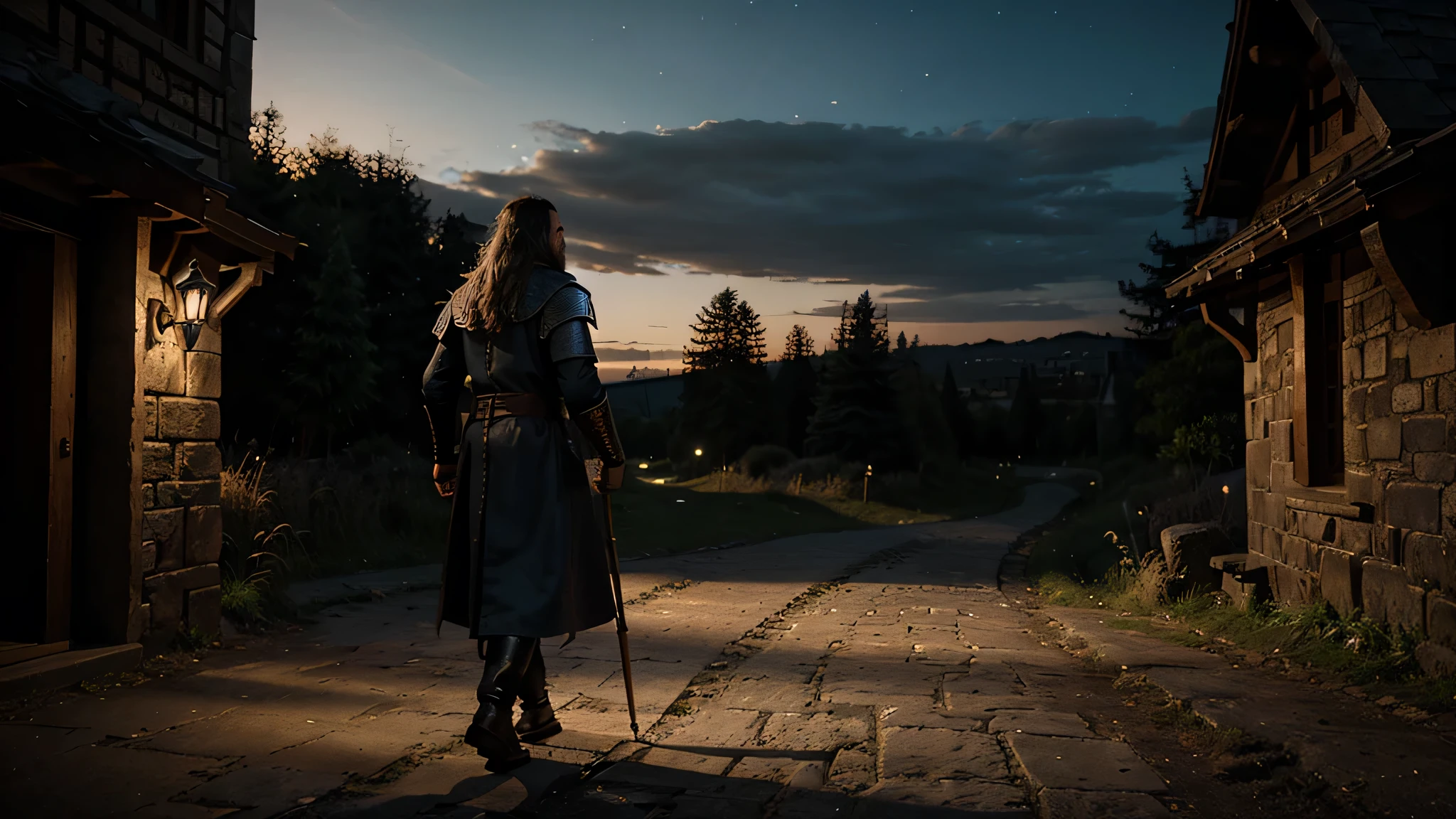 Create a hyper-realistic image of a medieval wizard facing a path towards a nighttime landscape.