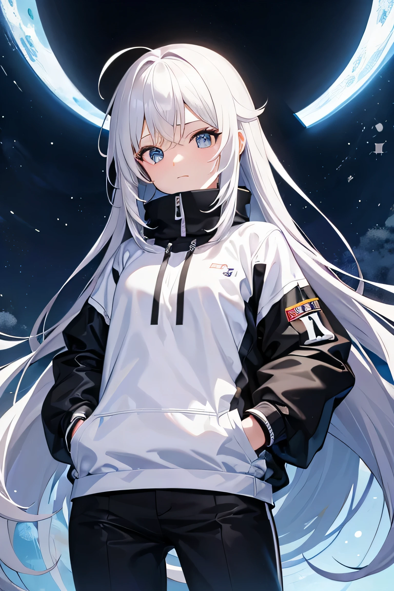  anime, Retrato da cintura para cima, cabelo branco, moletom prateado, hands in pockets, olhos brilhantes