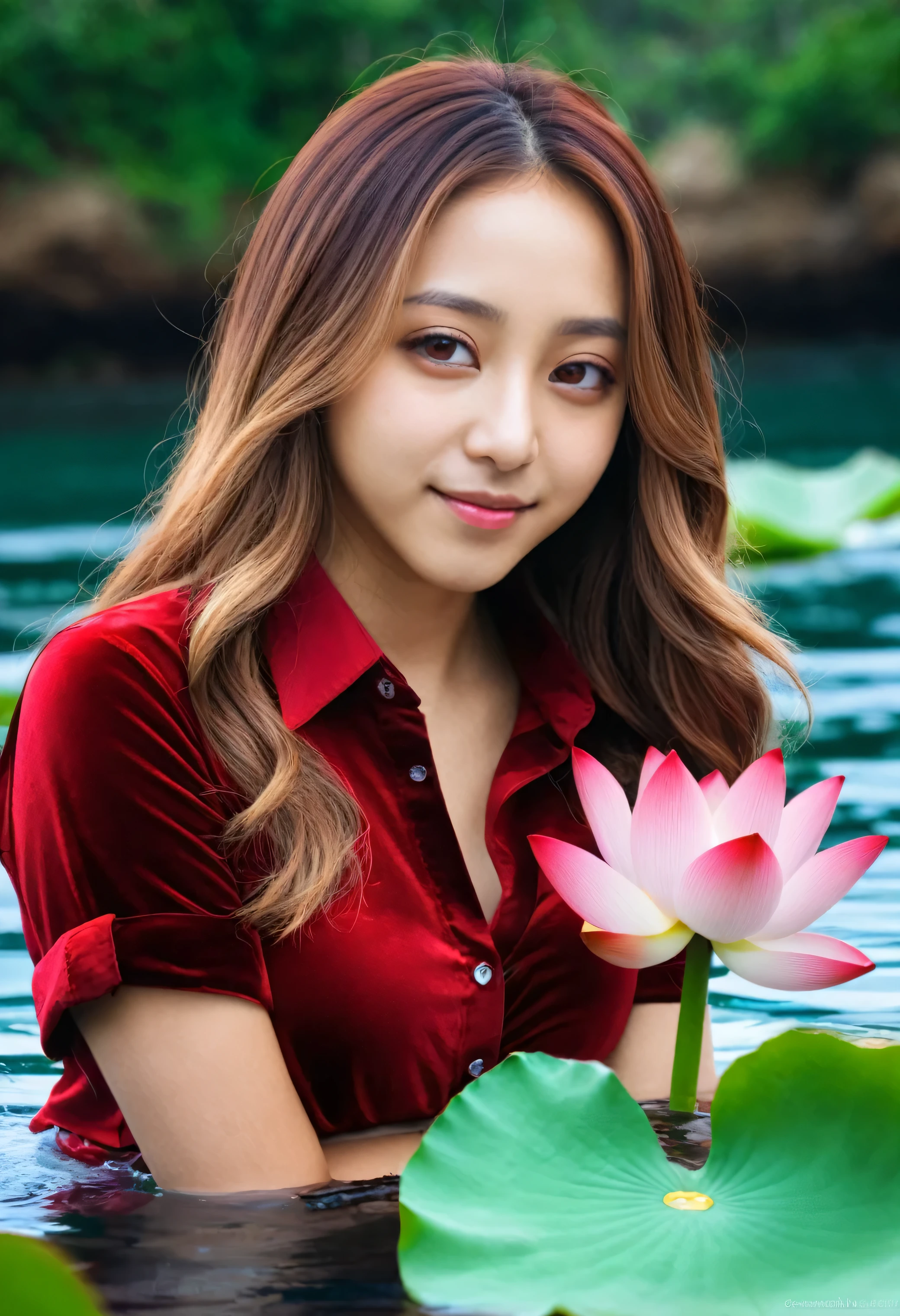 Samia, girl, solo, shirt, looking at you, face, perfect, flowers, high quality, radiant, knight, godly, red shirt, red velvet, water, ocean, lotus