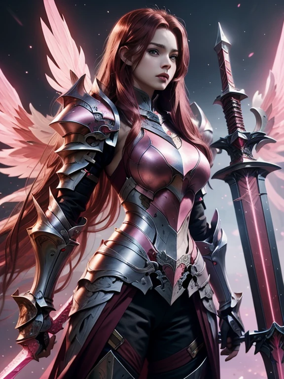 (masterpiece, best quality:1.2), Character design, ((1 girl, solo)), warrior of xian, slim body, medium chest, skinny waist, ((long deep red hair)). blue eyes. (((pink fantasy armor a female knight in a pink full armor))), (((big pauldrons, intricate details))), (((large armor wings))), (((advanced weapon fantasy plasma sword in right hand))), (standing), (((side body view))), plain gray background, masterpiece, HD high quality, 8K ultra high definition, ultra definition,