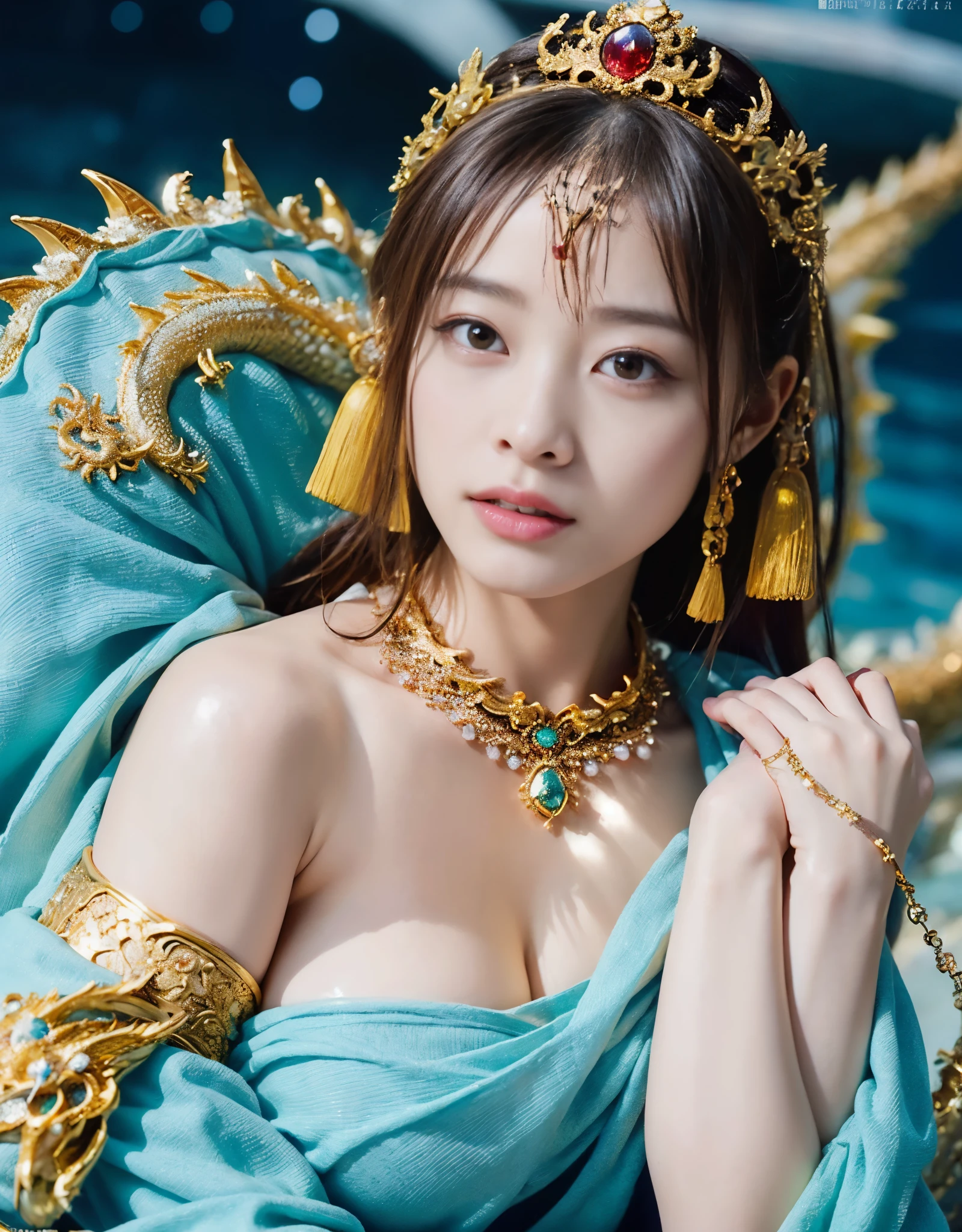 (very heavy chest)、highest quality、masterpiece、ultra high resolution、（ice dragon armor）、(((Metal製))),(((big breasts)))、(((Yellow Micro Bikini))),(she wears a beautiful crown made of precious stones.),(Photoreal:1.4)、RAW photo、1 girl、(((random hair))、(((color々take a pose)))、glowing skin、(((water chinese dragon)))、intricate and gorgeous hair ornaments、（looks like a gorgeous necklace）、（someone who looks at you calmly, Eyes like a goddess.）happiness:1.2).((beautiful sea background))、cliff、(ruins background)、((Ultra realistic details))、portrait、global illumination、（sexy pose）、Shadow、octane rendering、16k、big breasts、Raw skin exposed in the cleavage、Metal、intricate decorative details、Japan details、very intricate details、realistic light、CG Society Trenlow Eyes、Eyes shining towards the camera、（）、(((heavy big))),Shining eyes shine、armpit、24k,Ice Effect、It&#39;s snowing、