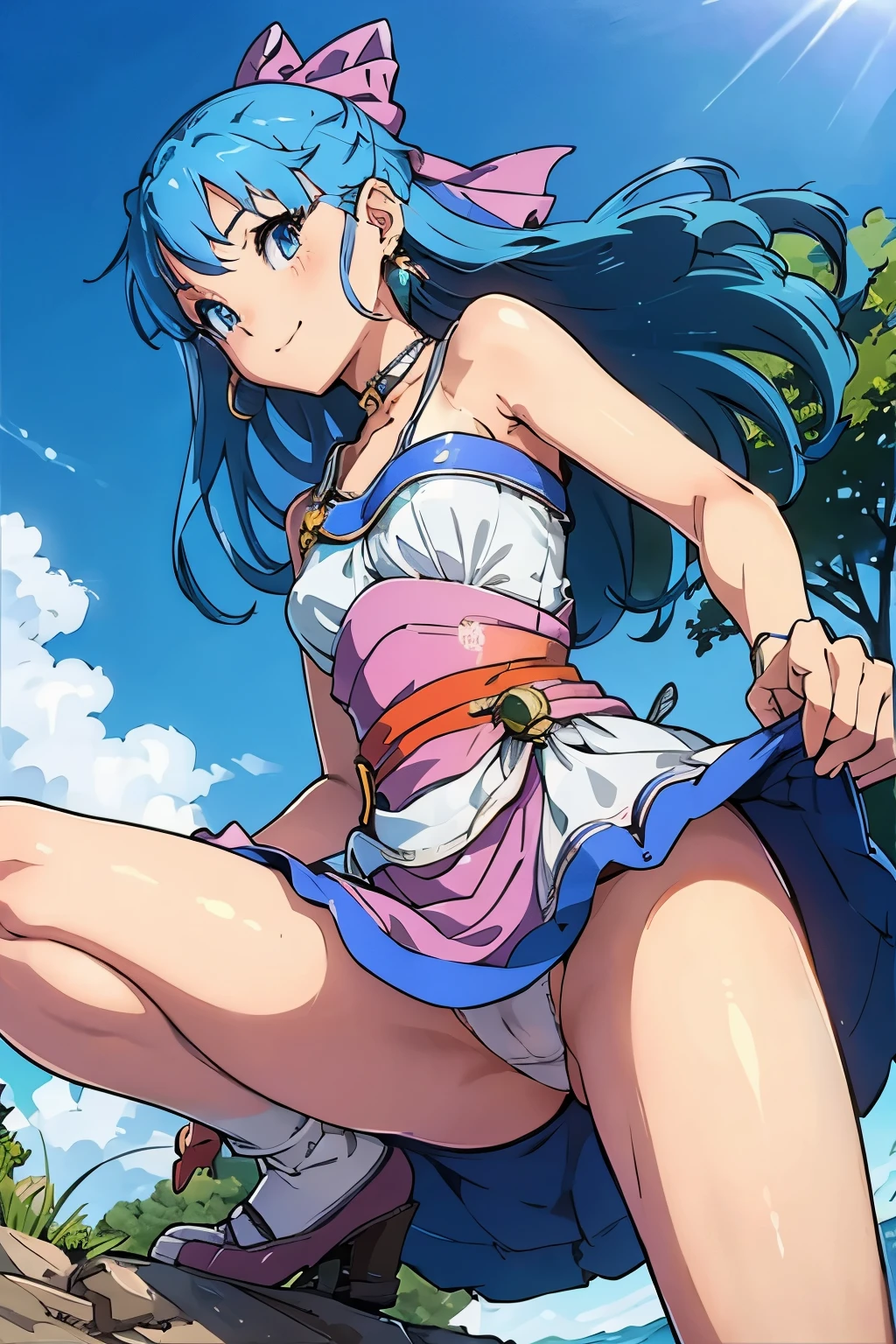 High resolution、highest quality、1 girl、slender、short height、thin legs、thin thighs、very big 、outdoors、shy smile、(aristocratic mini dress、Sexual panties with detailed decorations、Long light blue hair)、show your shoulders、FLORA \(DQ5\),LONG HAIR,HALF UPDO,PINK BOW,EARRINGS,CHOKER,WHITE THIGHHIGHS,SHOES、low posture、Zoom-up of the crotch、The subject is photographed from below.、Photographed from a low position、Magic out of the hands