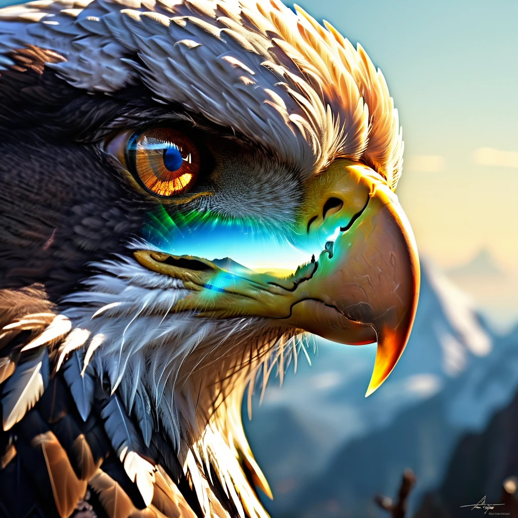 Focus on the reflection of the mountain landscape in the eye of a flying eagle. Hyperrealistic reflection. Hyperdetalization. 32k. Digital concept art., Broken Glass effect, no background, stunning, something that even doesn't exist, mythical being, energy, molecular, textures, iridescent and luminescent scales, breathtaking beauty, pure perfection, divine presence, unforgettable, impressive, breathtaking beauty, Volumetric light, auras, rays, vivid colors reflects, crafted in an 8k photorealistic style, wrapped in soft, naturally volumetric cinematic lighting., ultra-clear digital render., visuals at a stunning 8K, blending photorealistic concept art with the refined illumination of soft, cinematic composition, masterpiece-level oil painting, ultra-detailed, high contrast shadows emphasizing the grave markers, evoking the film's classic cinematography. High Resolution, High Quality, Masterpiece.best quality, masterpiece, super detail