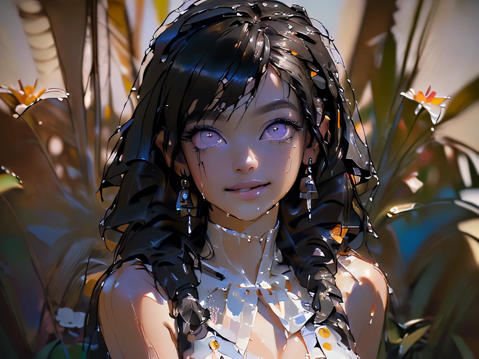 ((Create MaxZenArt!))_(((Small , , chibi), (full height, relaxed pose, standing)_(16+ years)))_(((Very beautiful small peach breasts)), (( long double braids, tight braids, long braid, braided hair, long hime haircut, dark hair, black hair, colored inner part of hair)))_(((purple_eyes:1.3)), ((intricate eyes, beautiful detailed eyes, symmetrical eyes)), ((big eyes:1.5)),((scarlet lips)), ((smile)))_(((Shiny skin:1.5, white skin, light skin: 1.5, white skin, shiny skin, very shiny skin, shiny body, reflective skin)))_(((Detailed face)), ((beautiful detailed lips)), ((sexy), (erotic), (cute, kawaii), (nsfw)))_( ((Eye shadow, makeup, eyelid makeup)), ((side breasts)), ((revealing clothes, showing skin)), ((bare shoulders, black lace dress)), ((black chiffon dress, very short )), (((tight-fitting, (black), sheer lace dress)), ((standing almost completely naked, with little clothing on)), ((tiny thong)), ((1.1, black outfit, wet clothes, intricate negligee outfit)))_ (((Shy pose: 1.3)), ((looks seductively at the viewer, embarrassed smile, shy, sexy, erotic)), ((center, scale to size)))_((( Rule of thirds, outdoors, overgrown)), ((dark background, realistic painting, digital painting, high quality)), ((dark background 0.5, decorative background, ornament flowers, skulls)), ((decorative dark background)), ((stunning white lilies, extremely unusual)), ((water,moss in the background, skulls)), ((white lilies - large stems)), ((water lilies on the water)), ((sunset, golden hour) ), ((golden ornaments ornaments)), ((Baudelaire),(symbolism),(allegory)))_(((Top quality,8K,32K, masterpiece), (high resolution),(Photorealism:1.4)), ((ray tracing, sun flares, depth of field, backlight effect, adding depth to your screen)))_(((Bright colors, cool soft shadows), (warm contrasting light, vibrant theme)), ((complex, detailed )), ((high contrast, photorealistic graphics:1.37)),((digital painting, oil painting, wide wet brushstroke)),((best quality,4k, high resolution,masterpie