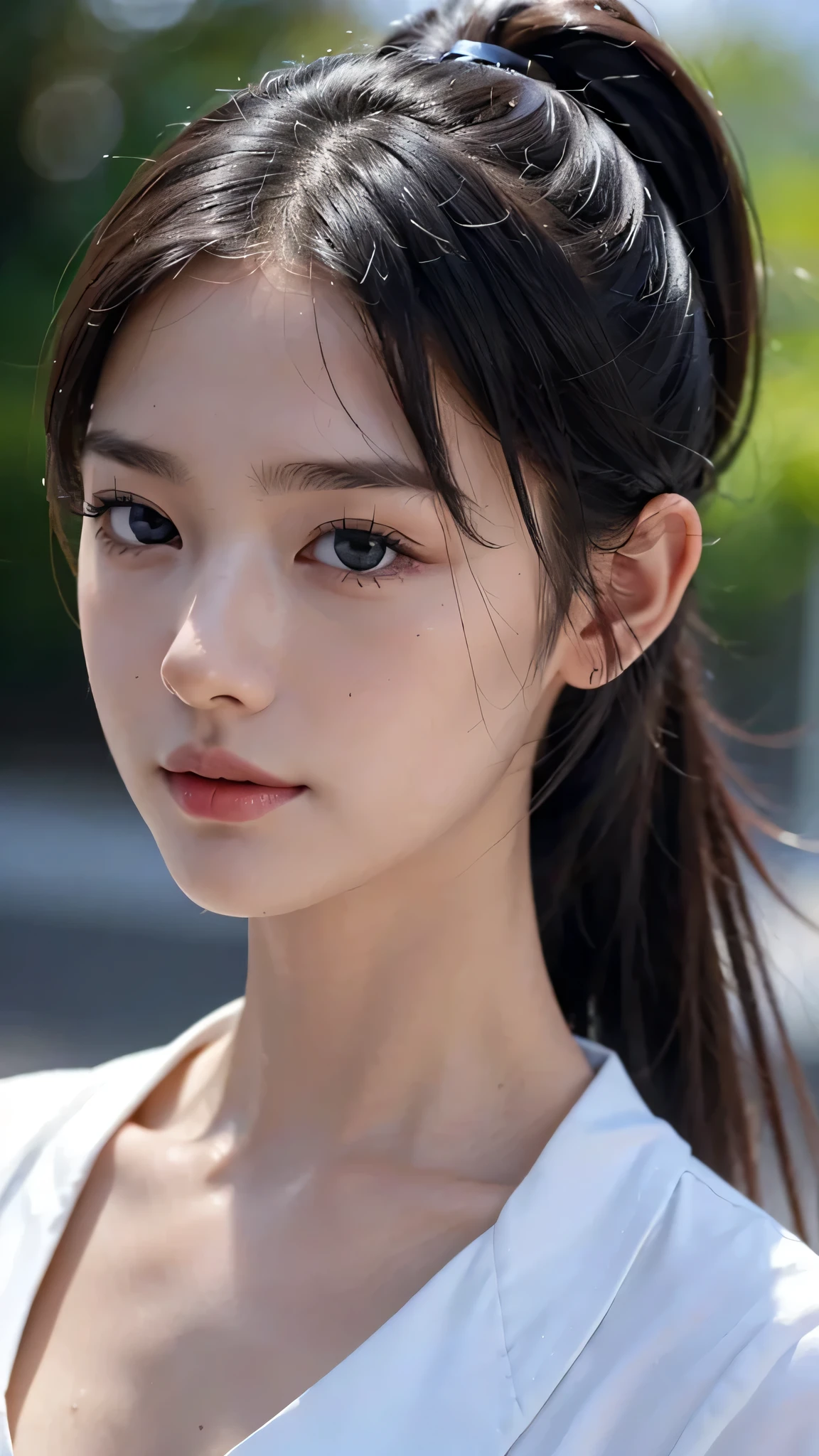 One woman,fully body photo,masutepiece, The highest image quality, High quality, the background is clear,Beautiful woman, Japanese, Detailed, Detailed eyes, Detailed skin, Beautiful skin, 超hight resolution, (reality: 1.4),Very beautiful woman, Slightly younger face, Beautiful skin, slender, (Ultra photo realsisim), (hight resolution), (8K), (Very detailed) (beautifully detailed eyes), (super detailed), (Detailed face), view the viewer, Fine details, Detailed face, Staring straight ahead, Staring straight ahead, photos realistic, Bright lighting, Professional Lighting, Black hair,poneyTail,a baby face,sixteen years old,Hairstyle is ponytail,long ponytail hairstyle,slight smile,wearing business suit,