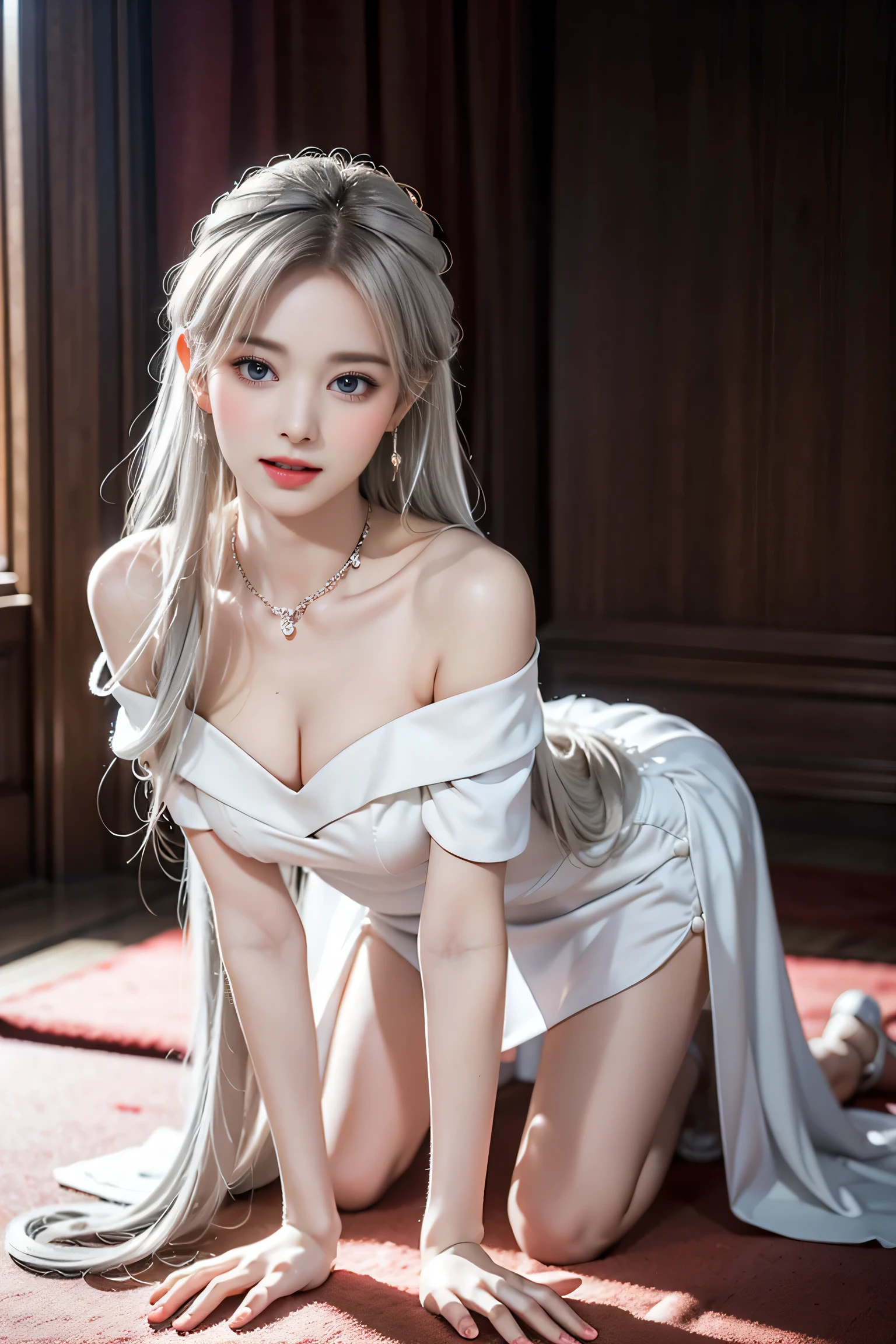top quality work,actual job,Ultra premium graphics,8K HD CG作品,high quality graphics,High-definition CG works,10x pixels,super fine details:1.1,Advanced technical details:1.1Real as a photo,indoor lighting effects:1.5,Natural light:1.5. light effect(virtual light effect:1.8),超A high resolution,shiny赤いドレス,長いsilver hair,silver hair,transparent hair,high detail hair(premium hair detail:1.1)clear eyes,beautiful double eyelids,sharp eye makeup, delicate eyelash makeup, thin eyebrows, highly detailed eyes,high nose, nice red lips, rose cheeks, A face with delicate makeup , cute face, perfectly proportioned face,(Advanced facial details:1.1),shiny,Summer Sexy Hip Wrap Fishtail Sleeveless Commuter Maxi ,stiletto heels,beautiful long dress,wonderfulドレス,bright red series,(off shoulder pure white dress) dress collection,dress photo shoot,authentic dress work,At the banquet hall,woman'artwork of,full body figure,goddess of dresses,realism,wonderful,My eyes are shining today(,(get down on all fours)),