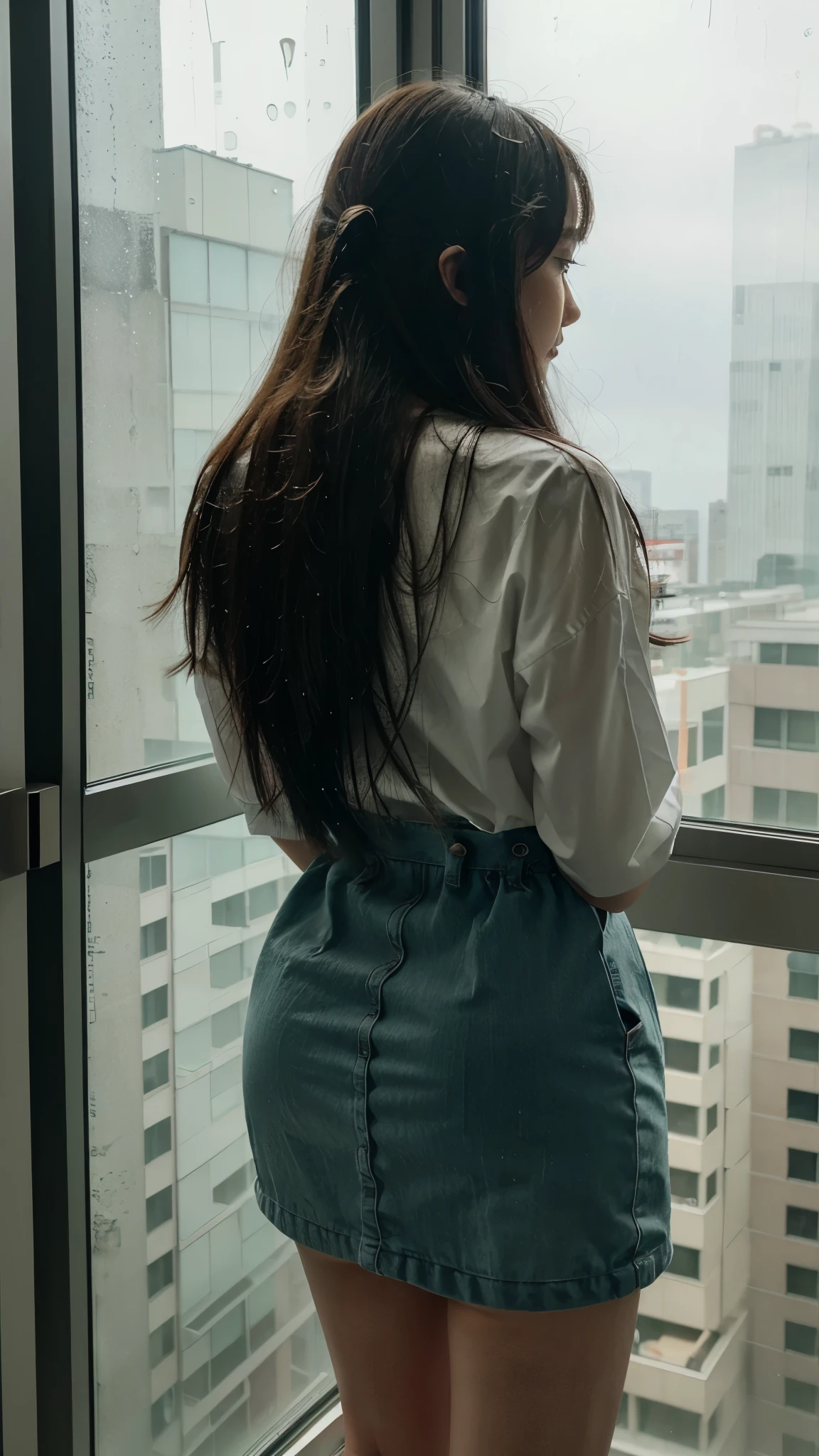 A man with long hair stands indoors in a high-rise building,Large glass facing the window,Turn your back to the camera,It's raining outside,Rain hits the outside glass,Slide down against the glass,There's a lot of traffic outside the window,The night is beautiful,The lights outside are beautiful。Just broke up with my boyfriend,Bad mood,The overall style is very sad。