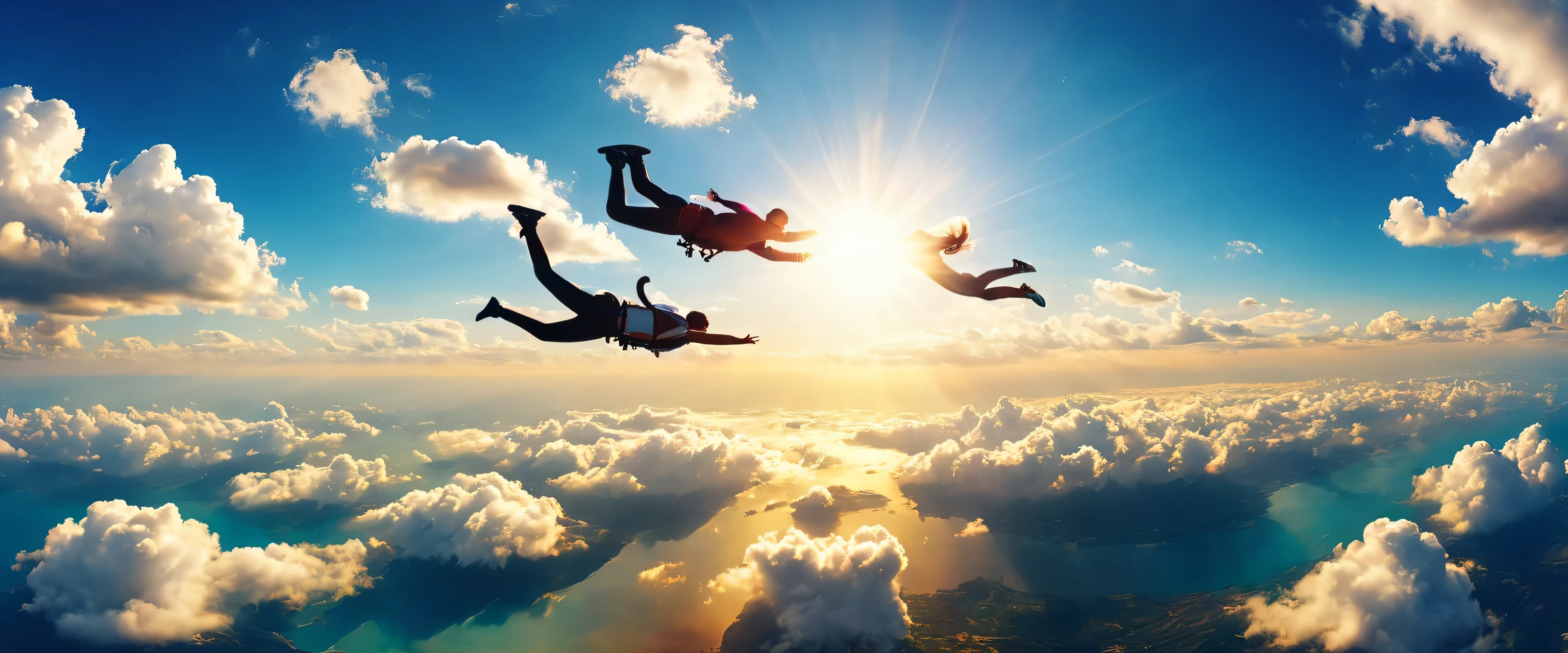 man and woman skydiving,Taken from above,hold hands,flight,horizon,photograph,reality,be familiar with,Gentle color,Vibrant colors,cloud,they are,プロのphotograph家が撮影した,panorama,masterpiece,Highestmasterpiece,Light and shadow,rendering,Photoreal,beautiful sea,beautiful sky,dream-like,Highest級のカメラを使用して撮影したphotograph,見る人の心を動かすphotograph,unreal engine,Awards,Nice views,Beautiful light effect,anatomically correct,fun,Highest,colorful,natureな色合い,nature,Highestの構図,