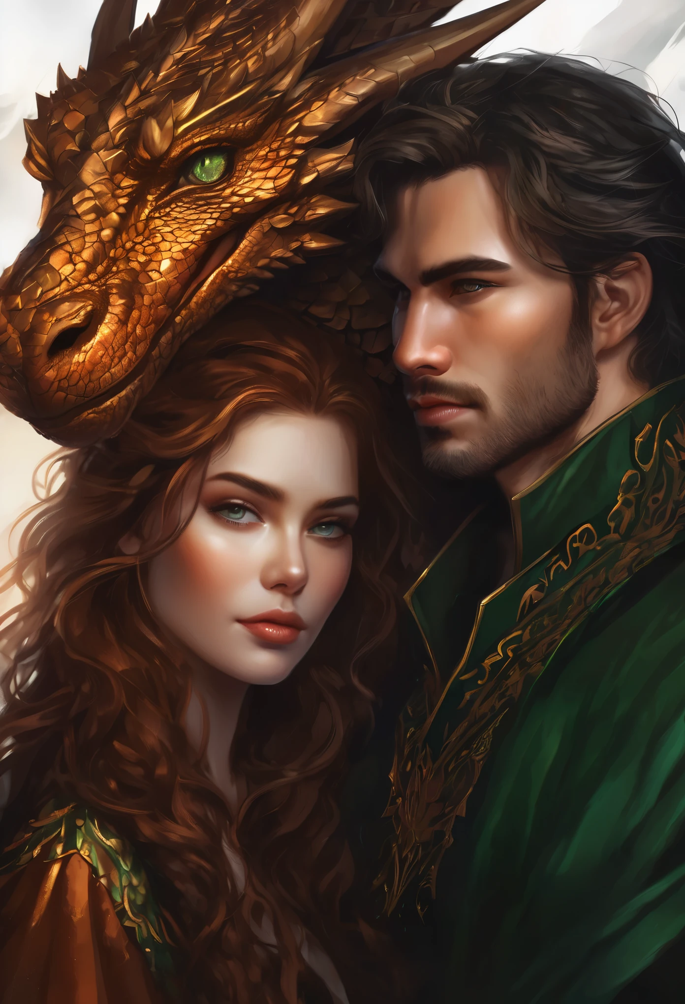 close-up of a woman with brown curls and green eyes, standing face to face with a copper-gray dragon, epic fantasy art style, dark fantasy style art, portrait of fin wildcloak, detailed fanart, fantasy portrait, artistic portrait in epic fantasy style, graphic artist magali villeneuve, male portrait in fantasy style, The Man with the Soul of a Dragon, epic fantasy style art, epic fantasy digital art style