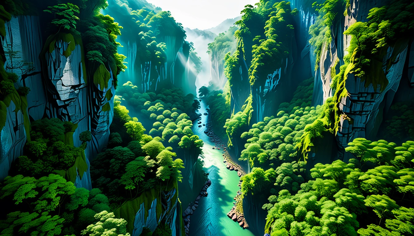 Aerial view of Towering steep and towering secret underground river in a cliff, wild forest, magical mist, asymmetric secret underground river cliff canyon, ((Aerial view):1.2), ((sense of extreme height):1.1), (waterfall), (mists), Coexistence with the natural environment, magic circle tower, lush wild forest, beautiful landscape, secret underground river, extremely detailed, best quality, masterpiece, high resolution, Hyperrealistic, 8K, top-view, high angle view, BlueColor Palette, Minimalism.