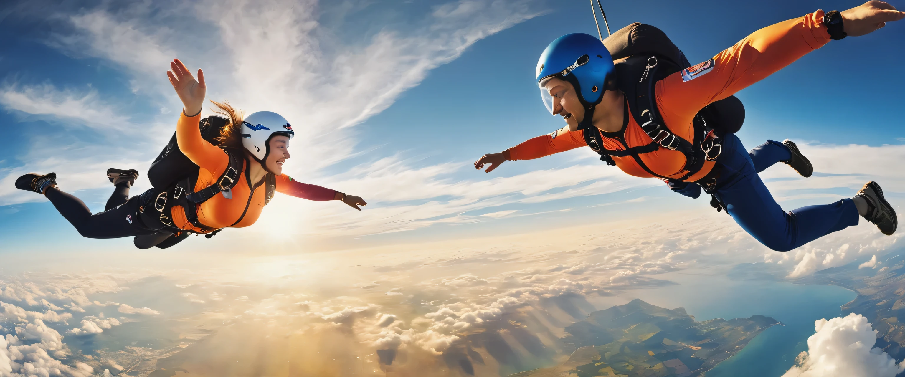 man and woman skydiving,Taken from above,hold hands,anatomically correct,flight,horizon,photograph,reality,be familiar with,Gentle color,Vibrant colors,cloud,they are,プロのphotograph家が撮影した,panorama,masterpiece,Highestmasterpiece,Light and shadow,rendering,Photoreal,beautiful sea,beautiful sky,dream-like,Highest級のカメラを使用して撮影したphotograph,見る人の心を動かすphotograph,unreal engine,Awards,Nice views,Beautiful light effect,anatomically correct,fun,Highest,colorful,natureな色合い,nature,Highestの構図,