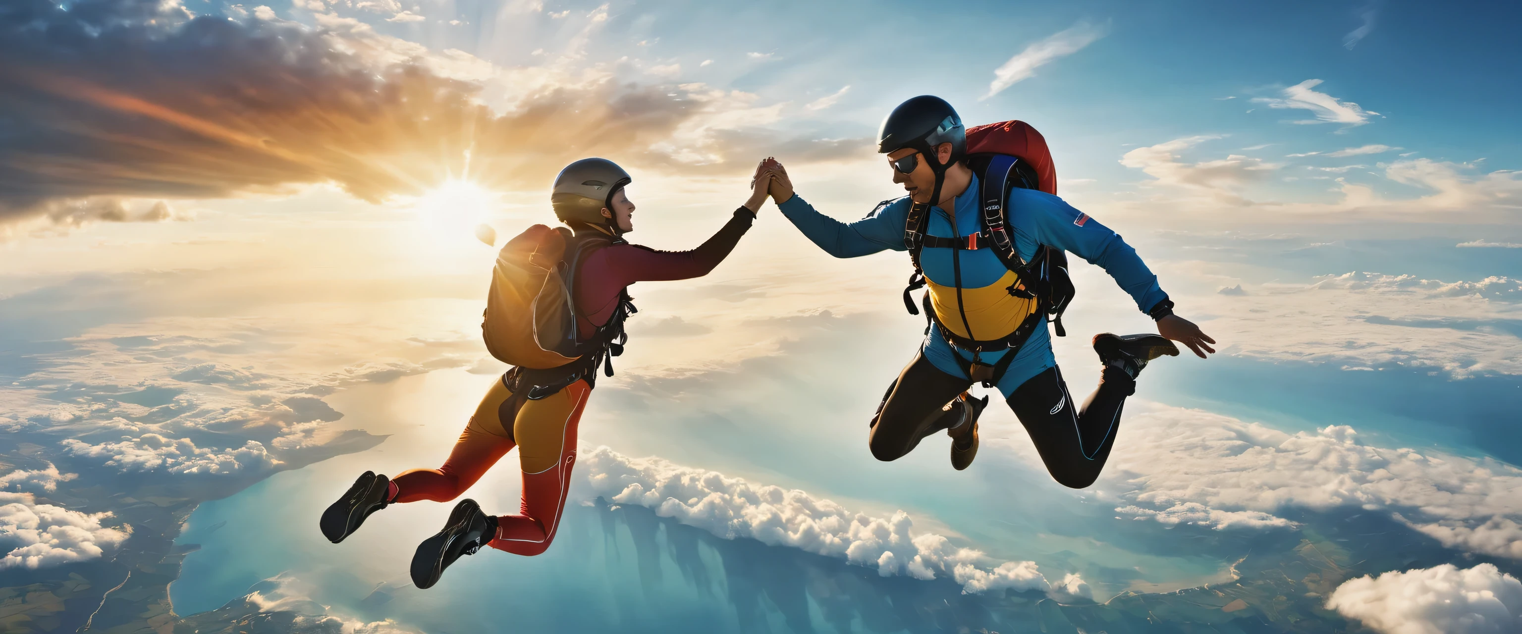 man and woman skydiving,Taken from above,hold hands,anatomically correct,flight,horizon,photograph,reality,be familiar with,Gentle color,Vibrant colors,cloud,they are,プロのphotograph家が撮影した,panorama,masterpiece,Highestmasterpiece,Light and shadow,rendering,Photoreal,beautiful sea,beautiful sky,dream-like,Highest級のカメラを使用して撮影したphotograph,見る人の心を動かすphotograph,unreal engine,Awards,Nice views,Beautiful light effect,anatomically correct,fun,Highest,colorful,natureな色合い,nature,Highestの構図,